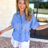 Light Blue Utility Blouse-200 Fashion Blouses-SKIES ARE BLUE-July & June Women's Fashion Boutique Located in San Antonio, Texas