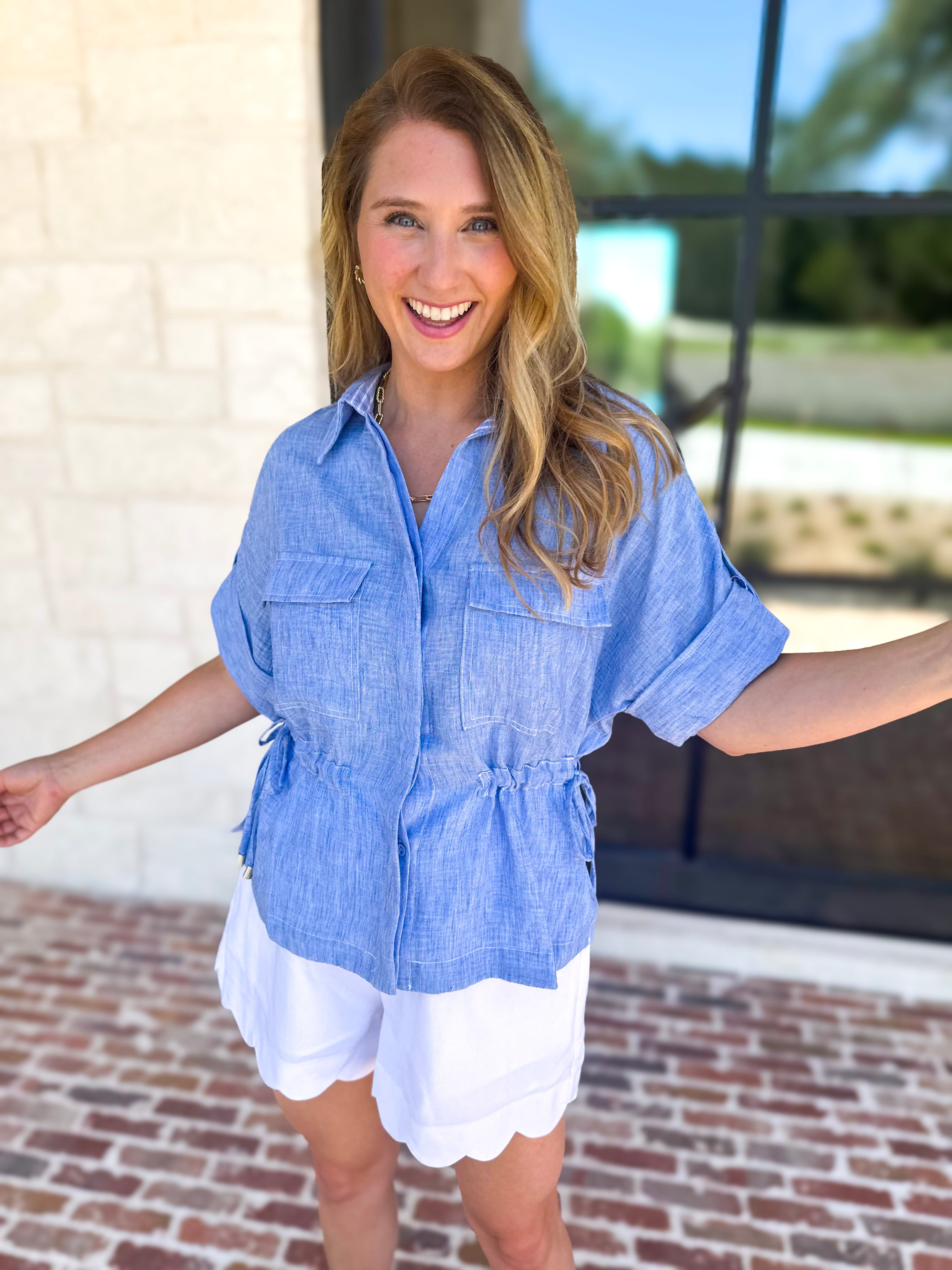 Light Blue Utility Blouse-200 Fashion Blouses-SKIES ARE BLUE-July & June Women's Fashion Boutique Located in San Antonio, Texas