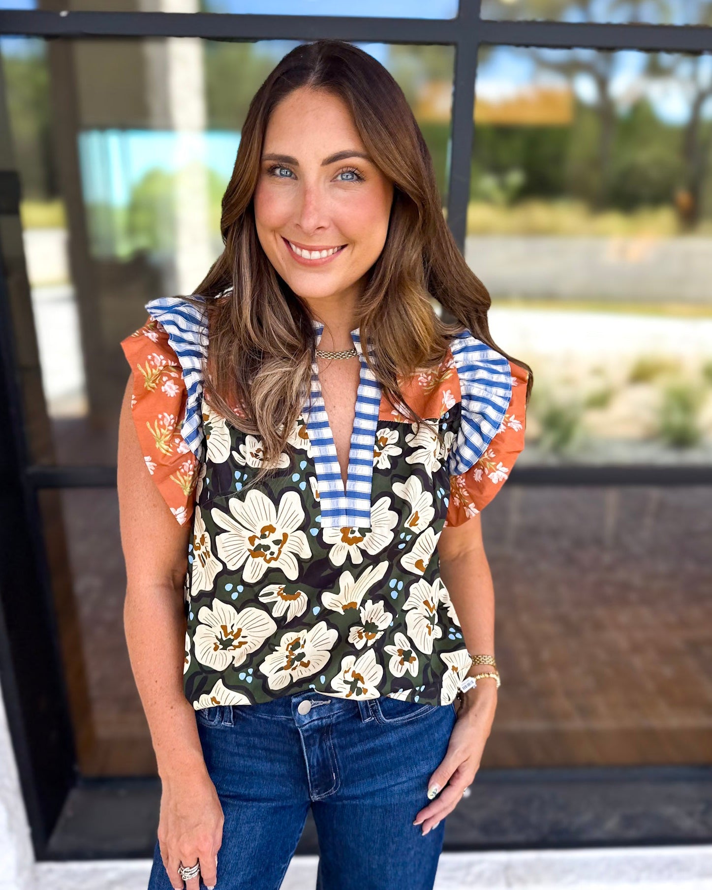 THML - Harvest Florals Ruffle Sleeve Blouse-200 Fashion Blouses-THML-July & June Women's Fashion Boutique Located in San Antonio, Texas