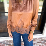 Current Air - Feminine Lace Details Blouse - Mocha-200 Fashion Blouses-CURRENT AIR CLOTHING-July & June Women's Fashion Boutique Located in San Antonio, Texas