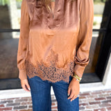 Current Air - Feminine Lace Details Blouse - Mocha-200 Fashion Blouses-CURRENT AIR CLOTHING-July & June Women's Fashion Boutique Located in San Antonio, Texas