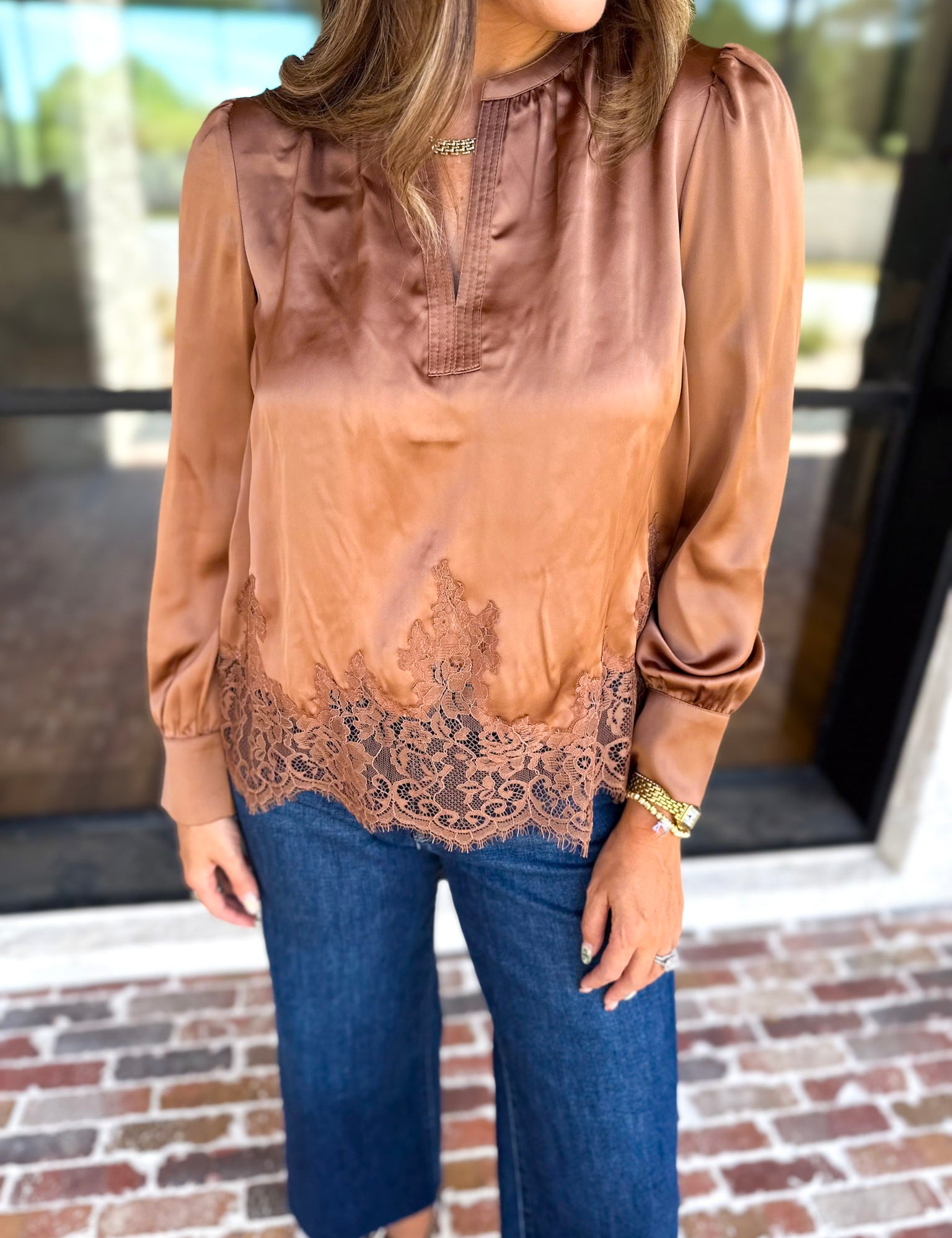 Current Air - Feminine Lace Details Blouse - Mocha-200 Fashion Blouses-CURRENT AIR CLOTHING-July & June Women's Fashion Boutique Located in San Antonio, Texas