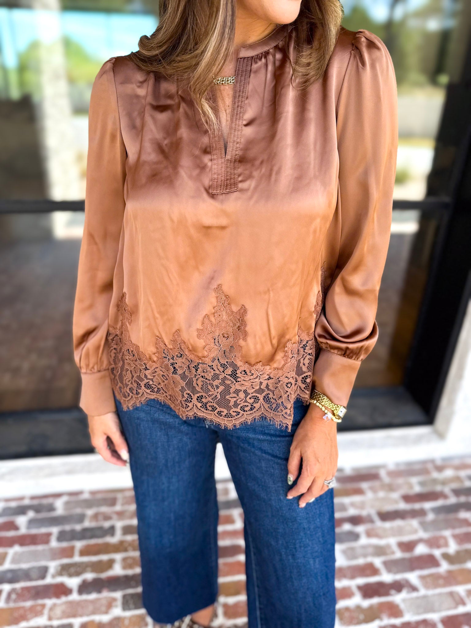Current Air - Feminine Lace Details Blouse - Mocha-200 Fashion Blouses-CURRENT AIR CLOTHING-July & June Women's Fashion Boutique Located in San Antonio, Texas