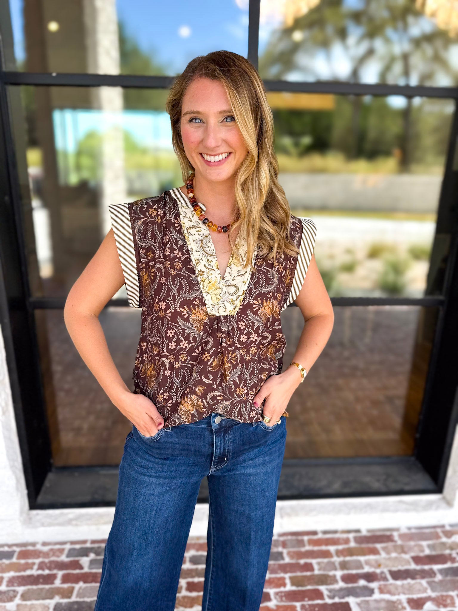 THML - Fall Hues Mixed Print Blouse-200 Fashion Blouses-THML-July & June Women's Fashion Boutique Located in San Antonio, Texas