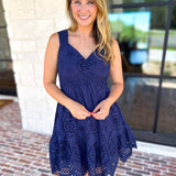 Navy Eyelet Mini Dress-510 Mini-SKIES ARE BLUE-July & June Women's Fashion Boutique Located in San Antonio, Texas