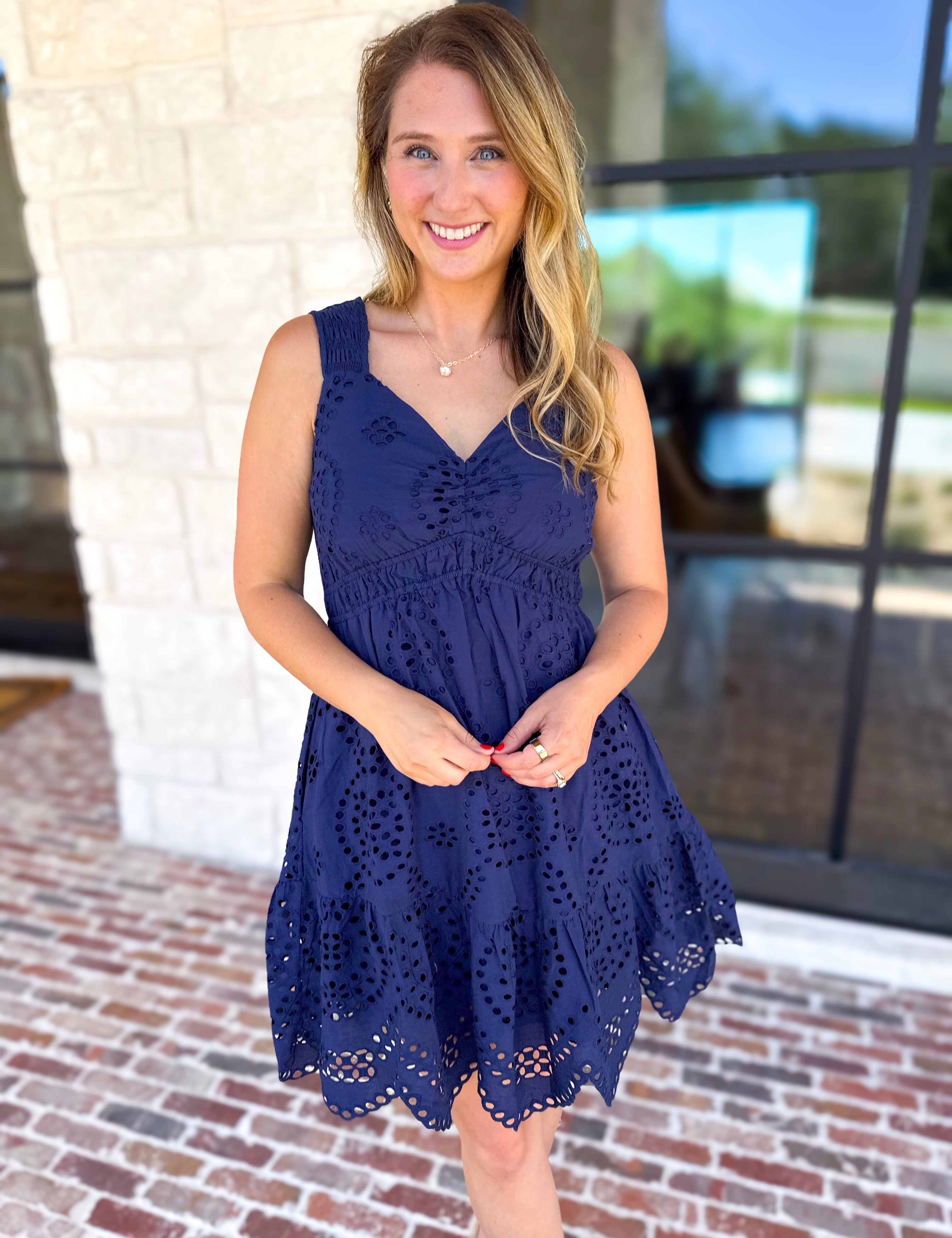 Navy Eyelet Mini Dress-510 Mini-SKIES ARE BLUE-July & June Women's Fashion Boutique Located in San Antonio, Texas