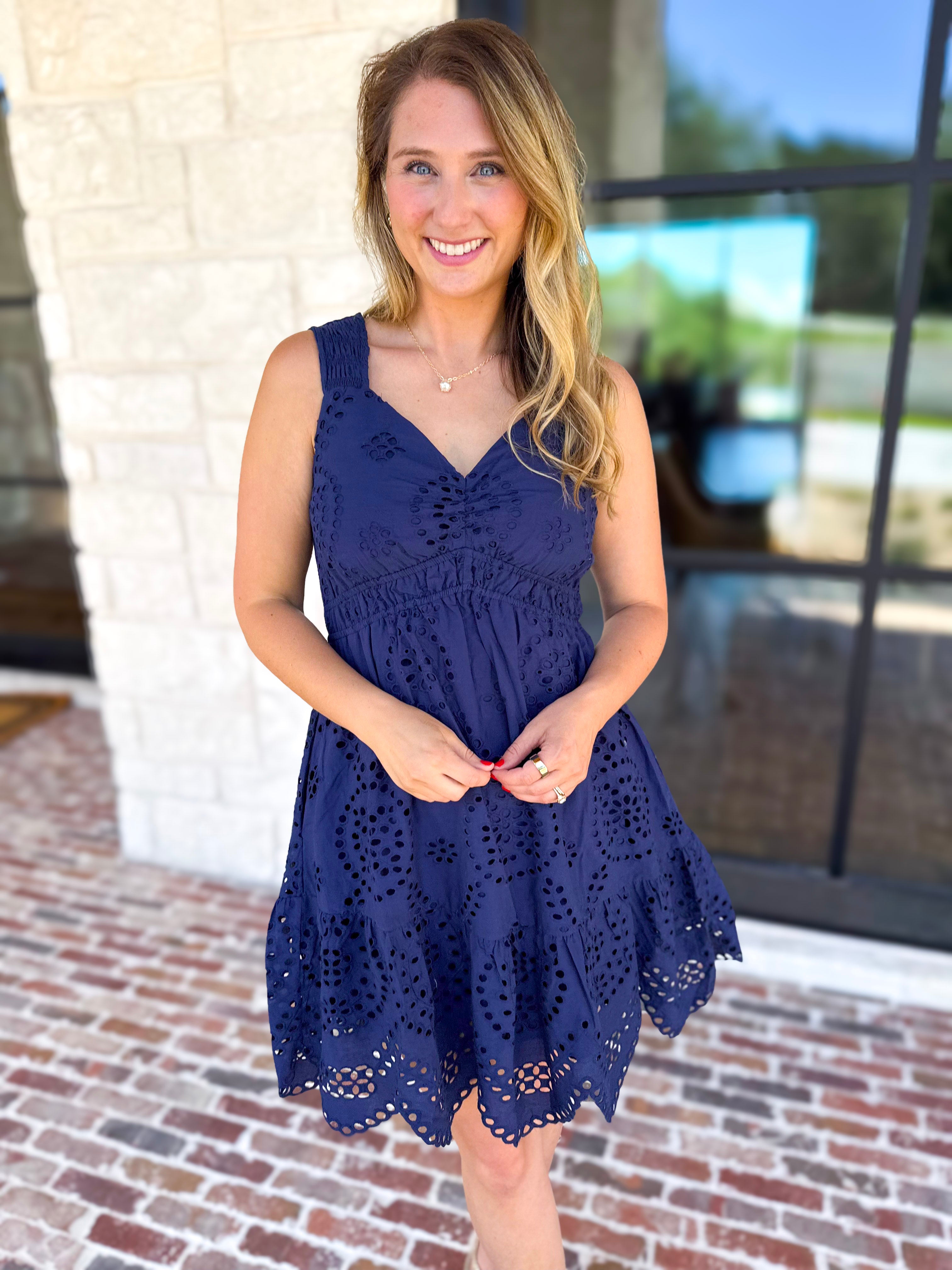 Navy Eyelet Mini Dress-510 Mini-SKIES ARE BLUE-July & June Women's Fashion Boutique Located in San Antonio, Texas