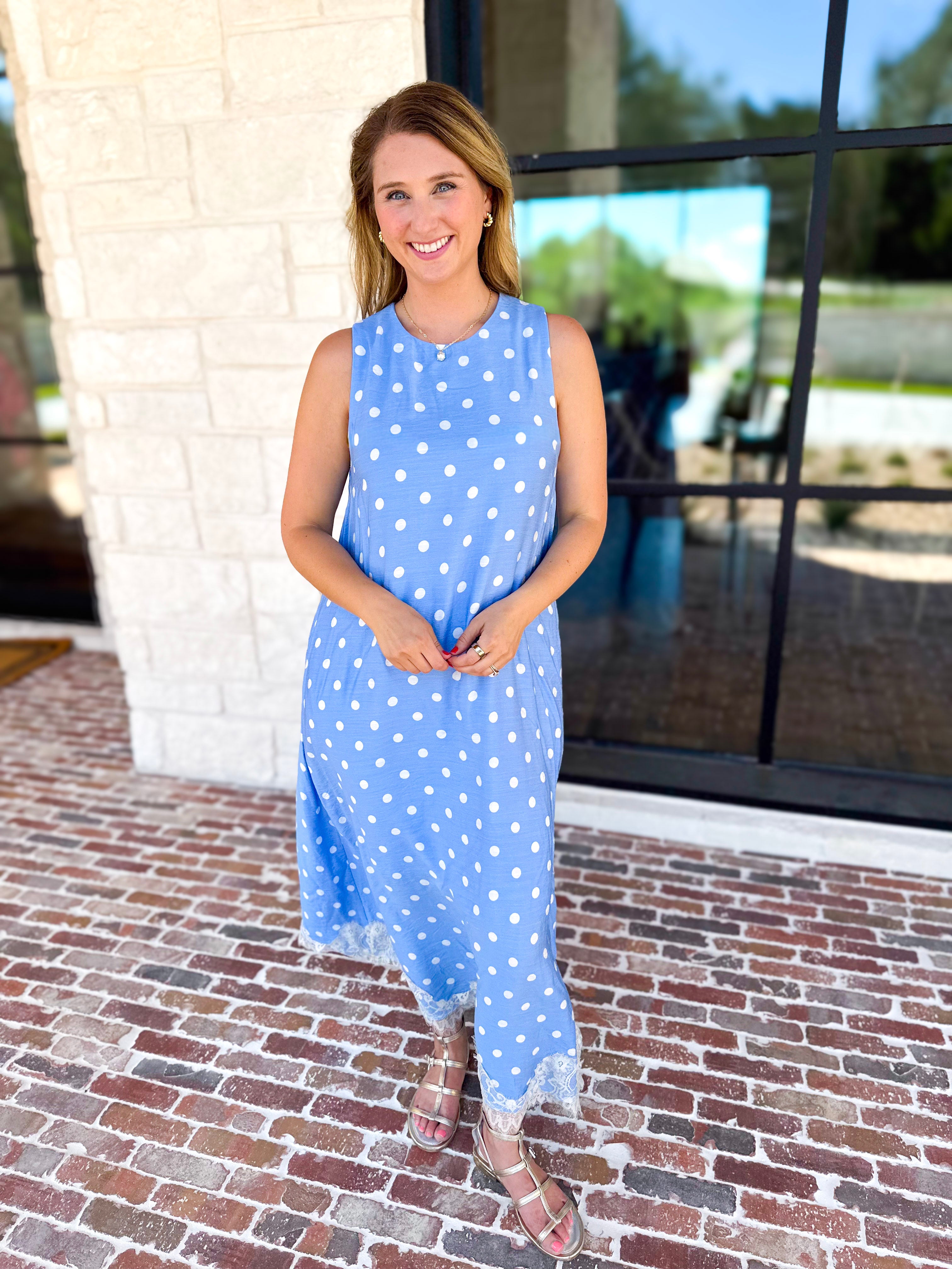 Effortless Polka Dot Midi Dress - Blue-500 Midi-ENTRO-July & June Women's Fashion Boutique Located in San Antonio, Texas