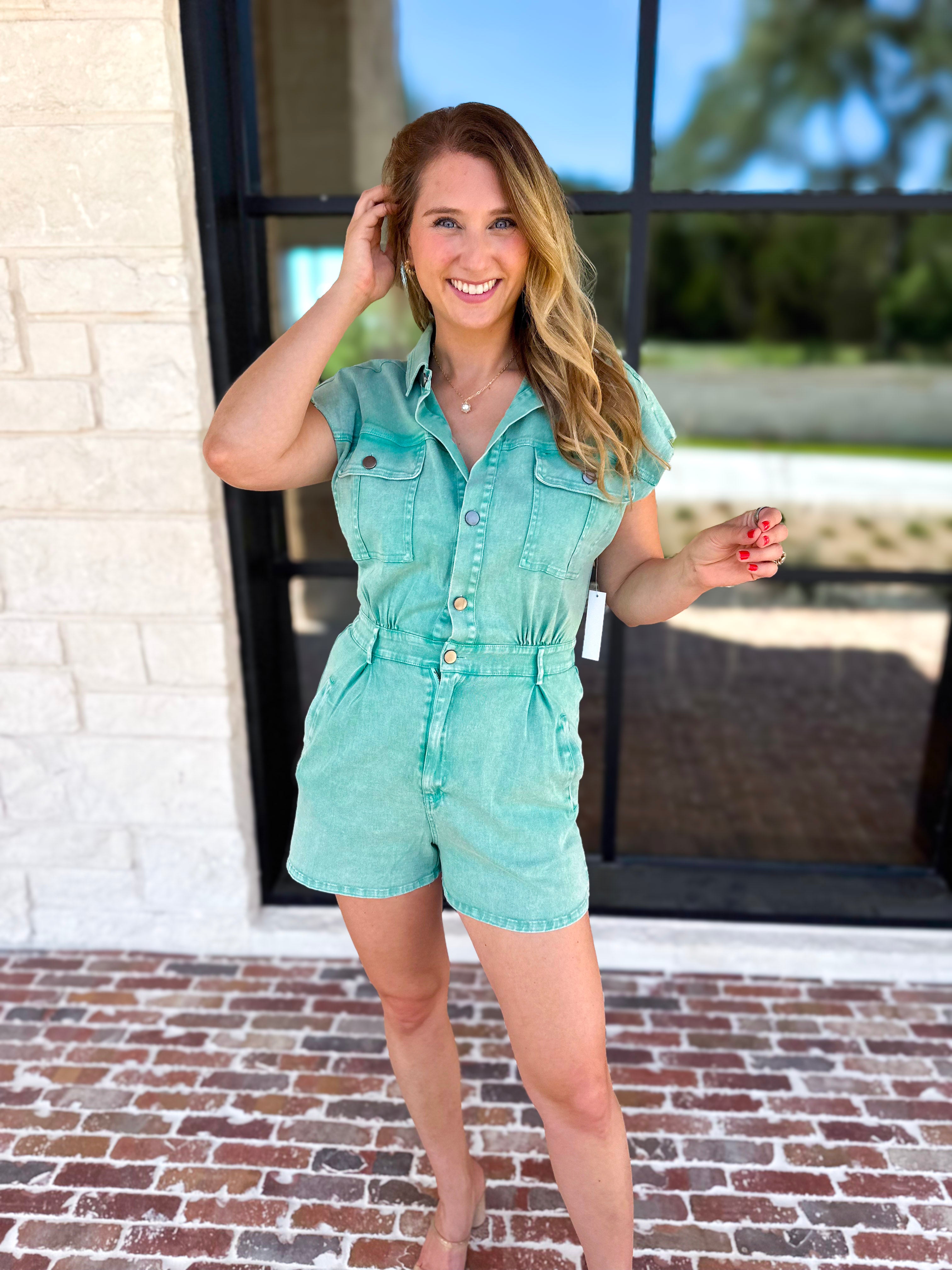 Casual Cool Utility Romper - Sea Green-510 Mini-FATE-July & June Women's Fashion Boutique Located in San Antonio, Texas