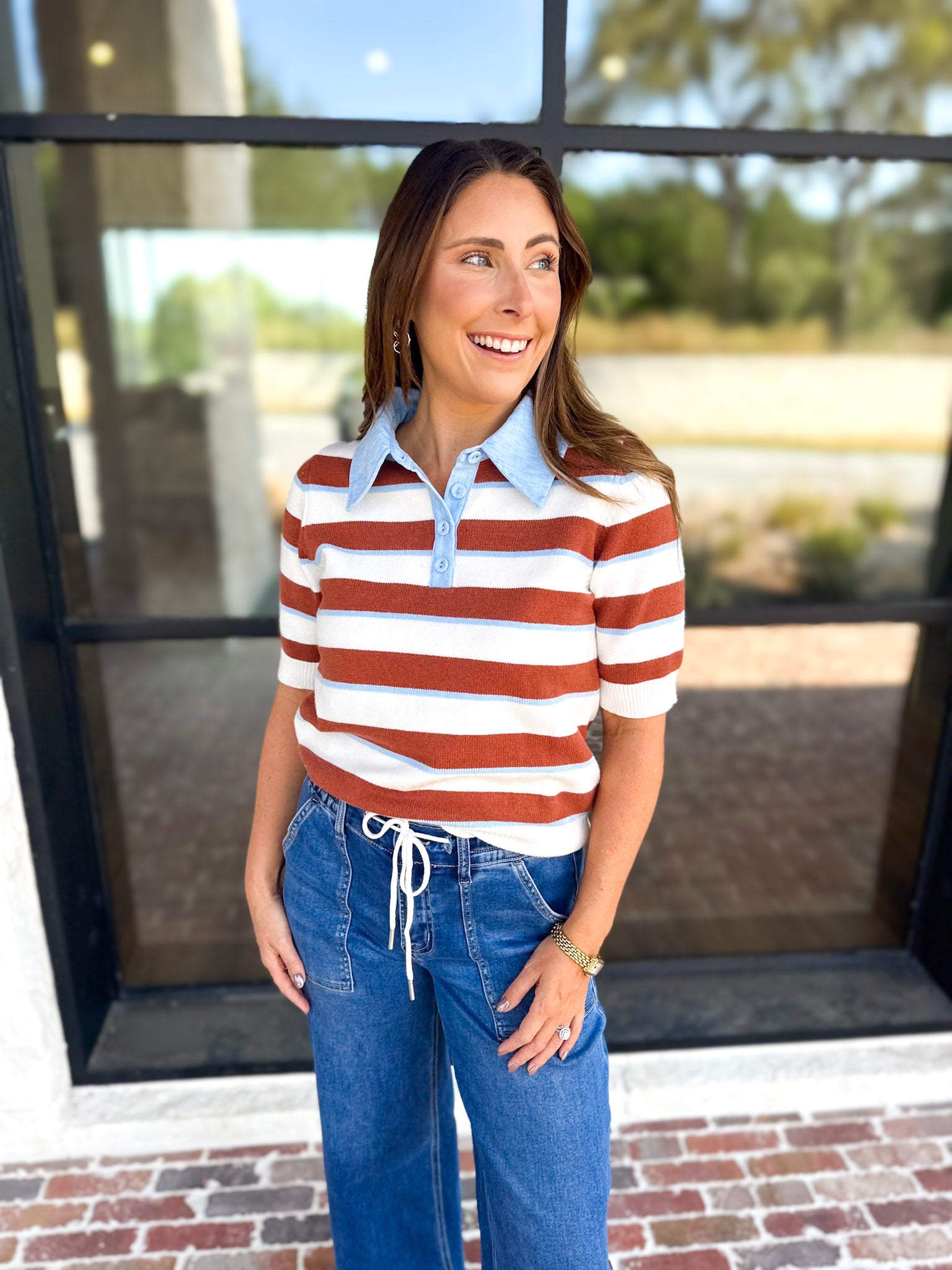 THML- Espresso & Sky Striped Knit Top-230 Sweaters/Cardis-THML-July & June Women's Fashion Boutique Located in San Antonio, Texas