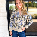 Current Air - Barley & Blue Floral Half Zip Sweater-230 Sweaters/Cardis-CURRENT AIR CLOTHING-July & June Women's Fashion Boutique Located in San Antonio, Texas