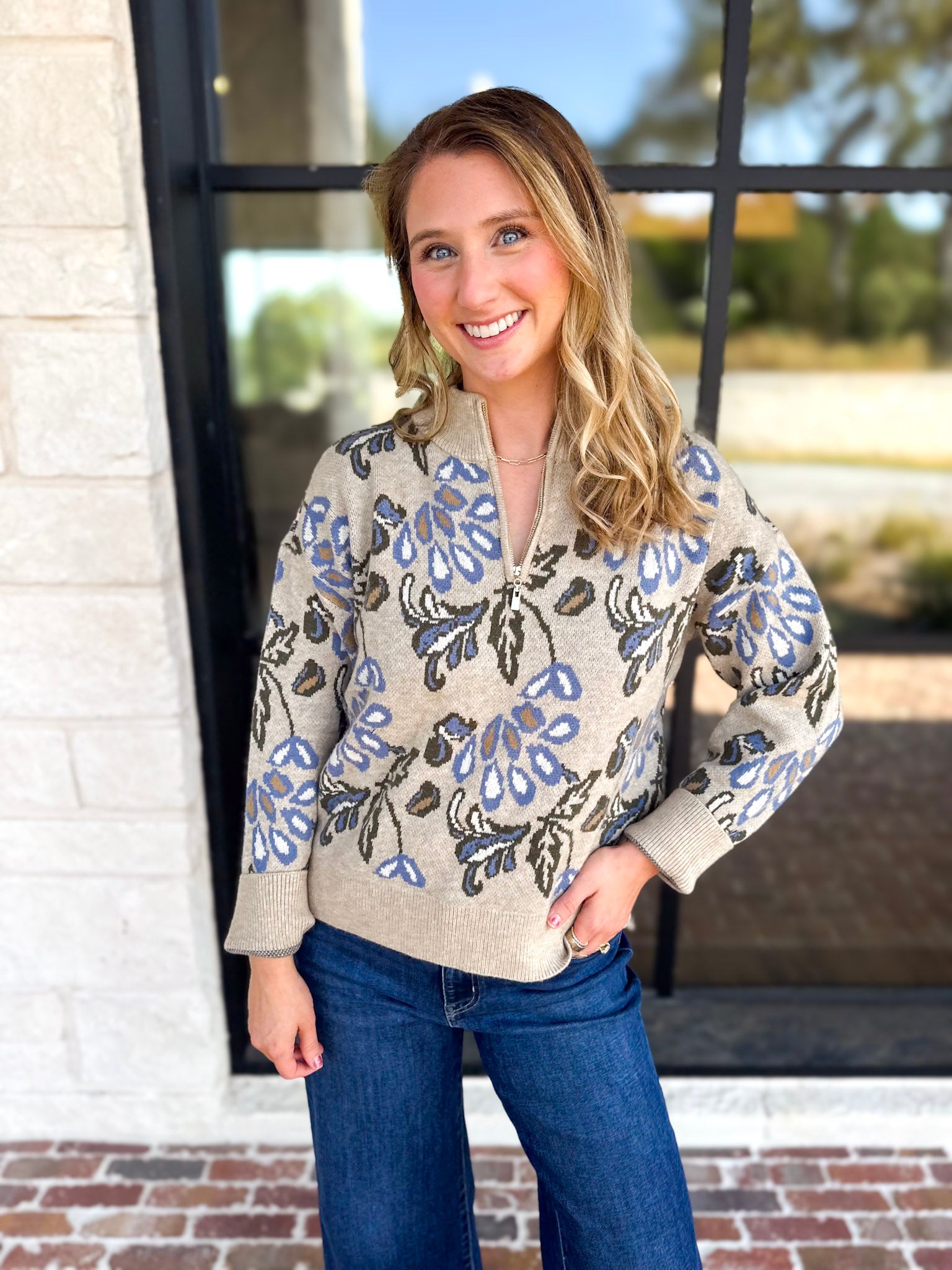 Current Air - Barley & Blue Floral Half Zip Sweater-230 Sweaters/Cardis-CURRENT AIR CLOTHING-July & June Women's Fashion Boutique Located in San Antonio, Texas