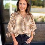 Gingham Scalloped Blouse - Camel-200 Fashion Blouses-ENTRO-July & June Women's Fashion Boutique Located in San Antonio, Texas