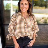 Gingham Scalloped Blouse - Camel-200 Fashion Blouses-ENTRO-July & June Women's Fashion Boutique Located in San Antonio, Texas