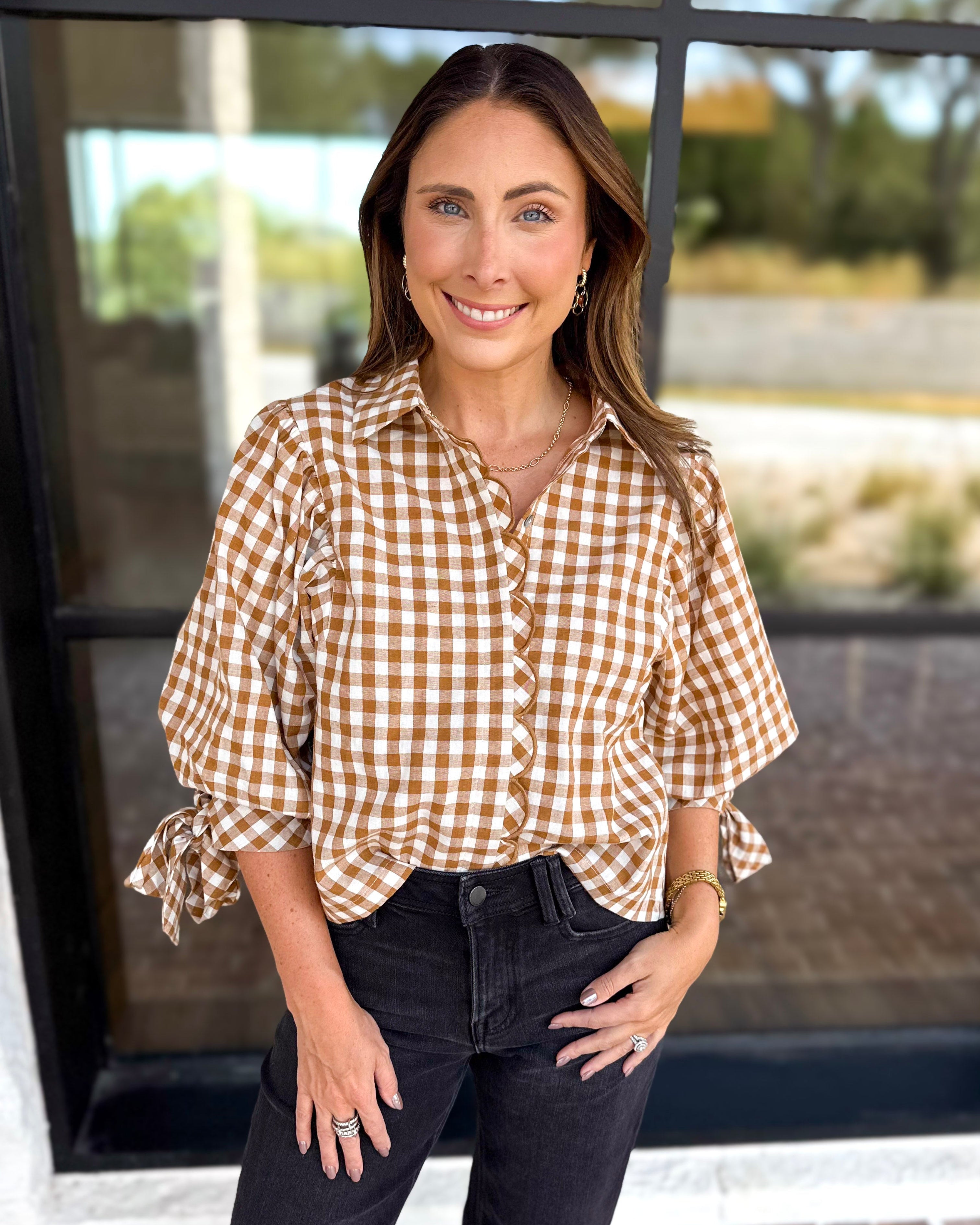 Gingham Scalloped Blouse - Camel-200 Fashion Blouses-ENTRO-July & June Women's Fashion Boutique Located in San Antonio, Texas