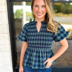 Pine Plaid Blouse-200 Fashion Blouses-ENTRO-July & June Women's Fashion Boutique Located in San Antonio, Texas