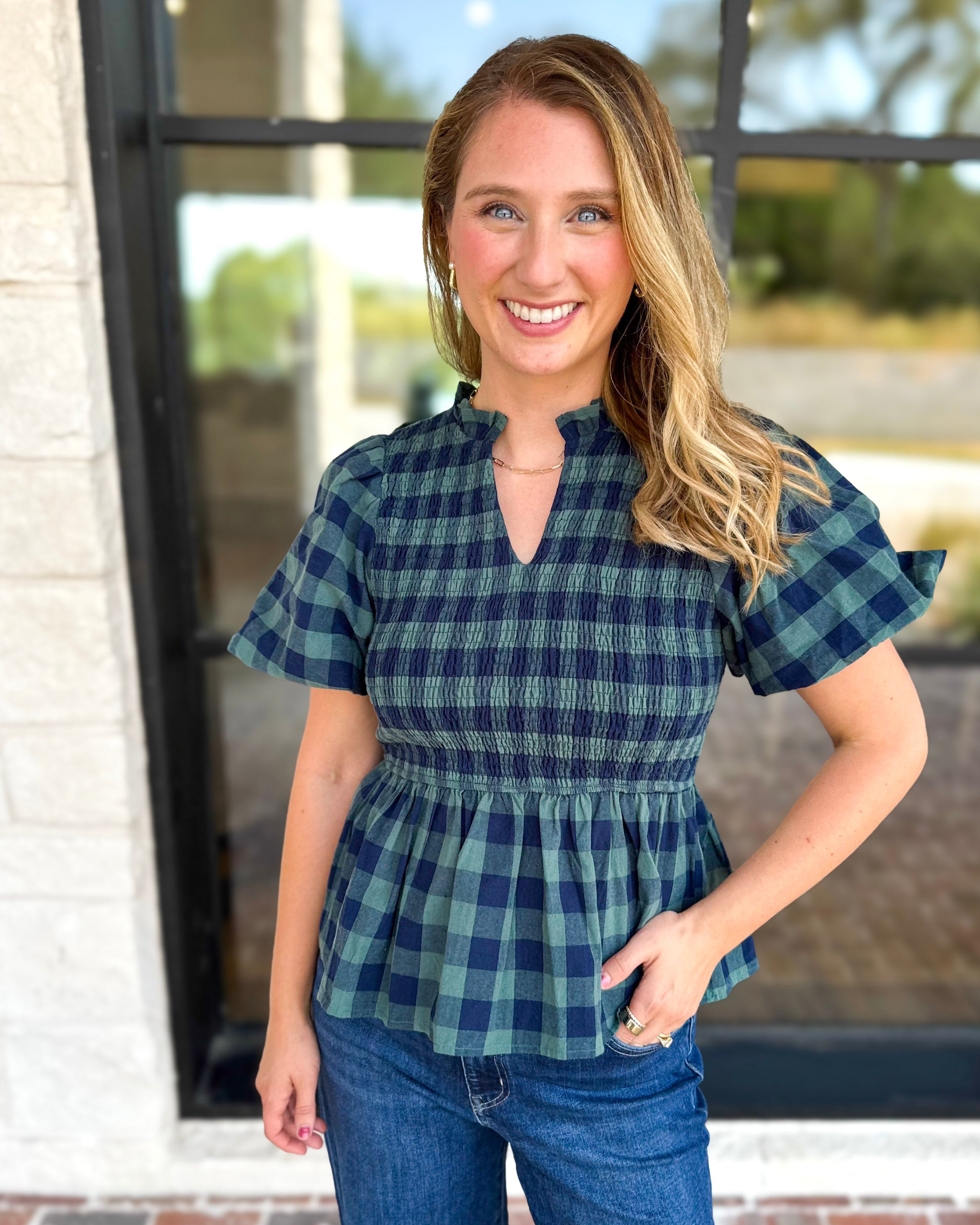 Pine Plaid Blouse-200 Fashion Blouses-ENTRO-July & June Women's Fashion Boutique Located in San Antonio, Texas