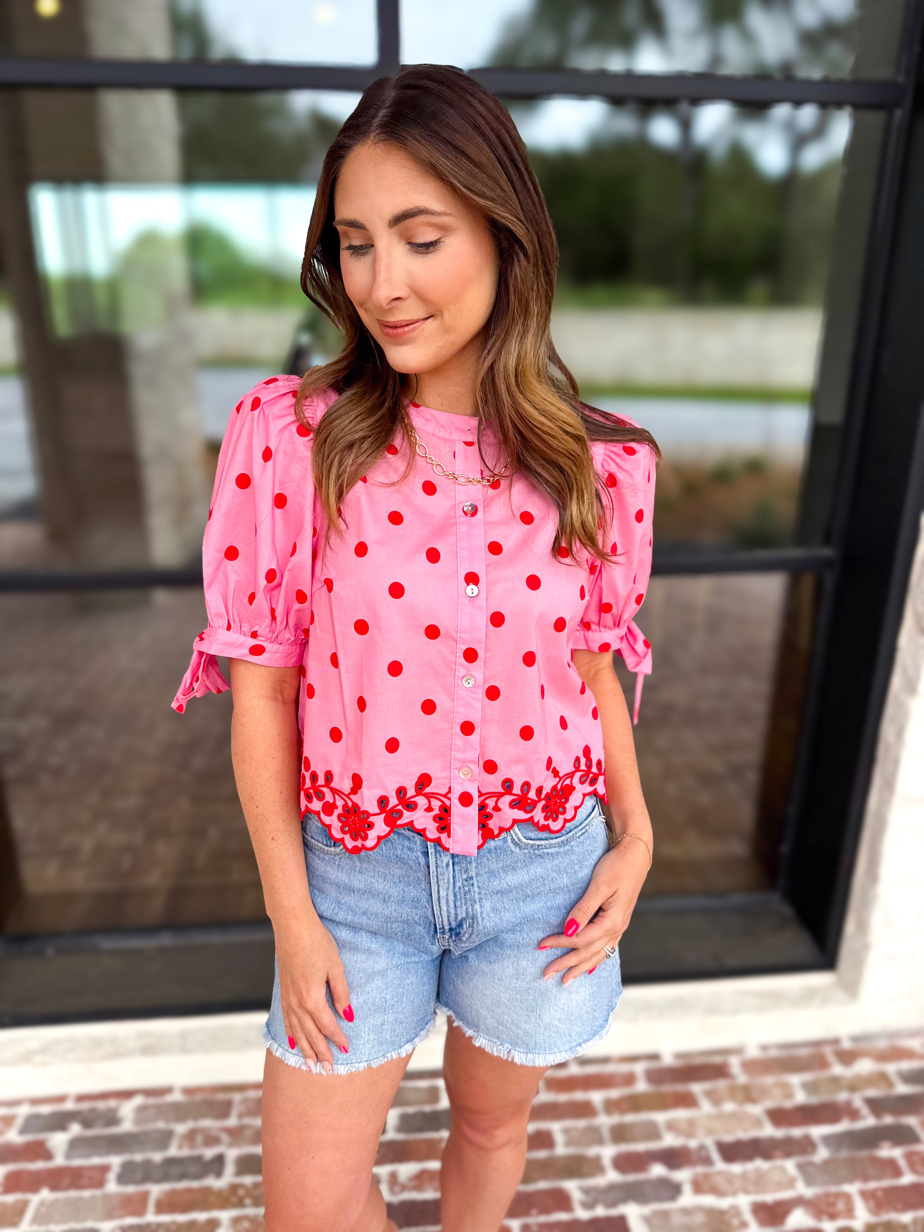 Polka Dot Chic Blouse - Red & Pink-200 Fashion Blouses-ENTRO-July & June Women's Fashion Boutique Located in San Antonio, Texas