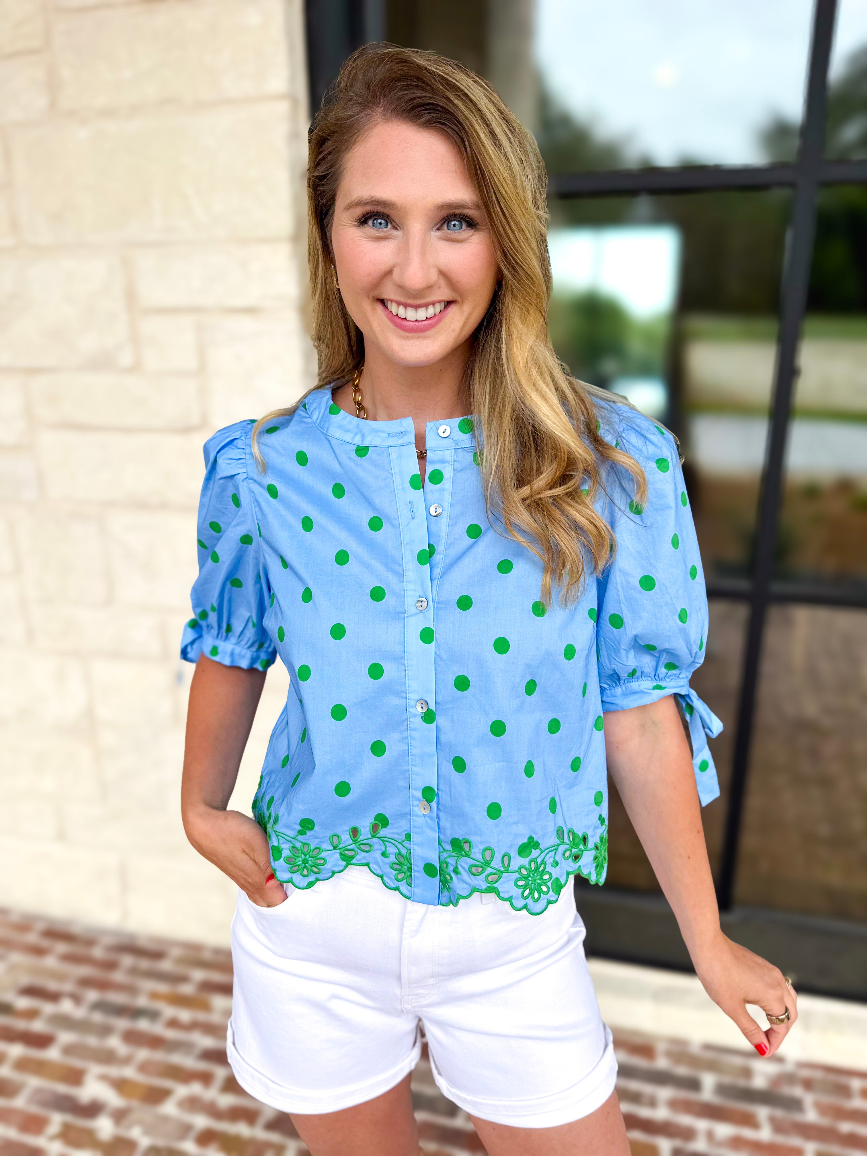 Polka Dot Chic Blouse - Green & Blue-200 Fashion Blouses-ENTRO-July & June Women's Fashion Boutique Located in San Antonio, Texas