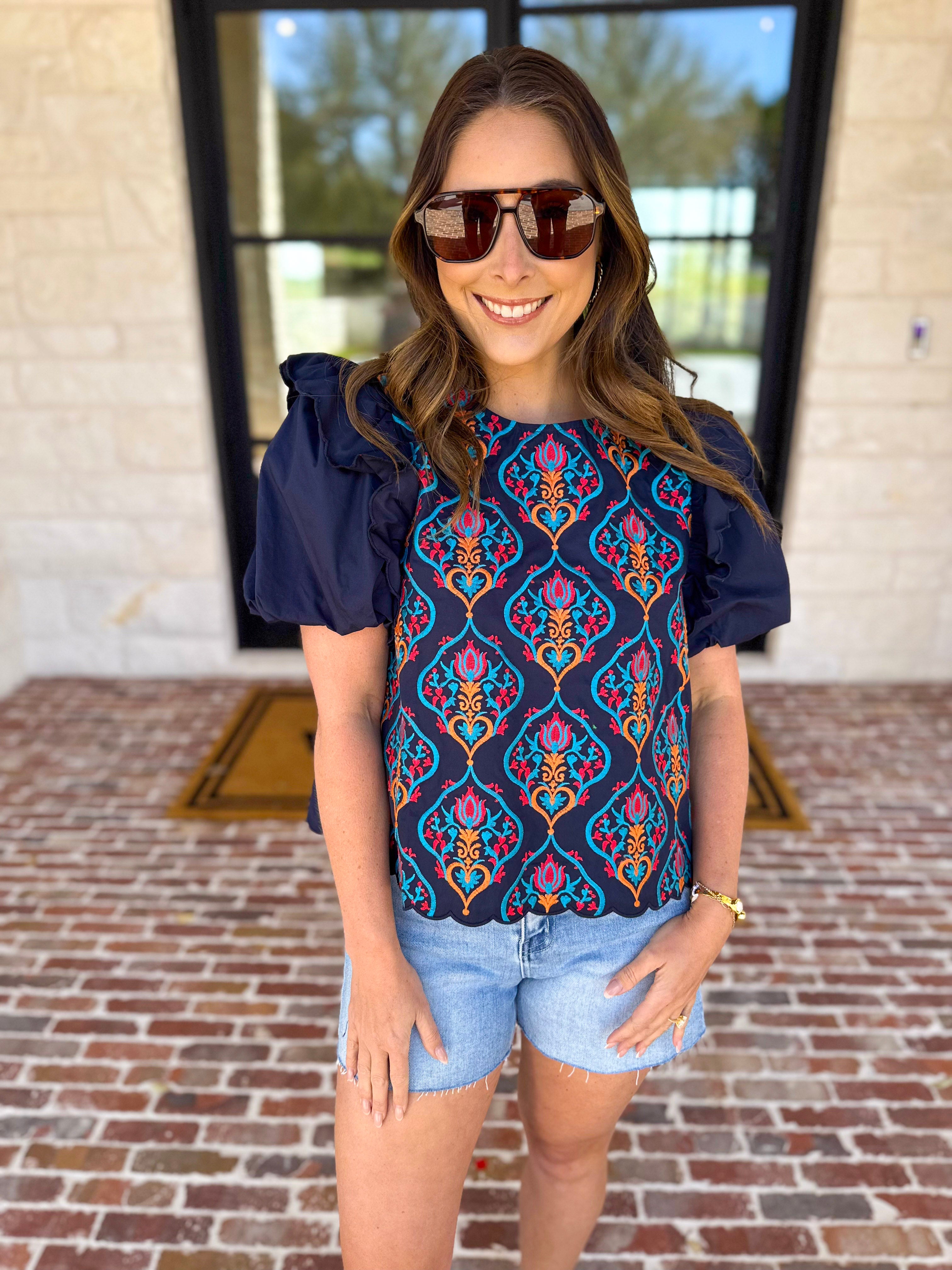 Spring Celebration Blouse - Navy-200 Fashion Blouses-JODIFL-July & June Women's Fashion Boutique Located in San Antonio, Texas