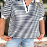Summer Escape Gingham Blouse - Navy Blue-200 Fashion Blouses-ENTRO-July & June Women's Fashion Boutique Located in San Antonio, Texas