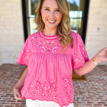 THML - The Riverwalk Embroidered Blouse - Pink-200 Fashion Blouses-THML-July & June Women's Fashion Boutique Located in San Antonio, Texas