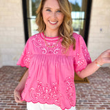 THML - The Riverwalk Embroidered Blouse - Pink-200 Fashion Blouses-THML-July & June Women's Fashion Boutique Located in San Antonio, Texas