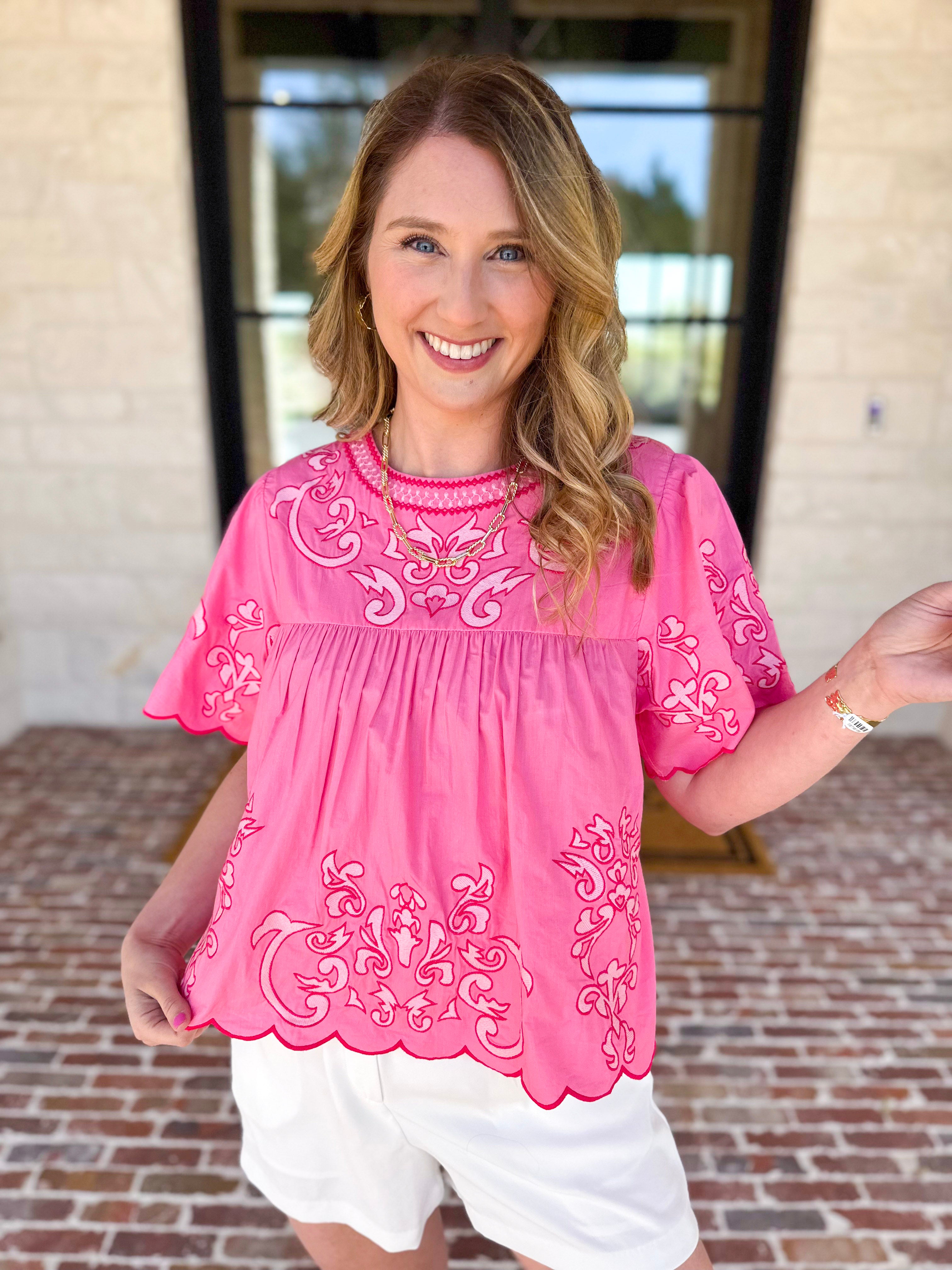 THML - The Riverwalk Embroidered Blouse - Pink-200 Fashion Blouses-THML-July & June Women's Fashion Boutique Located in San Antonio, Texas