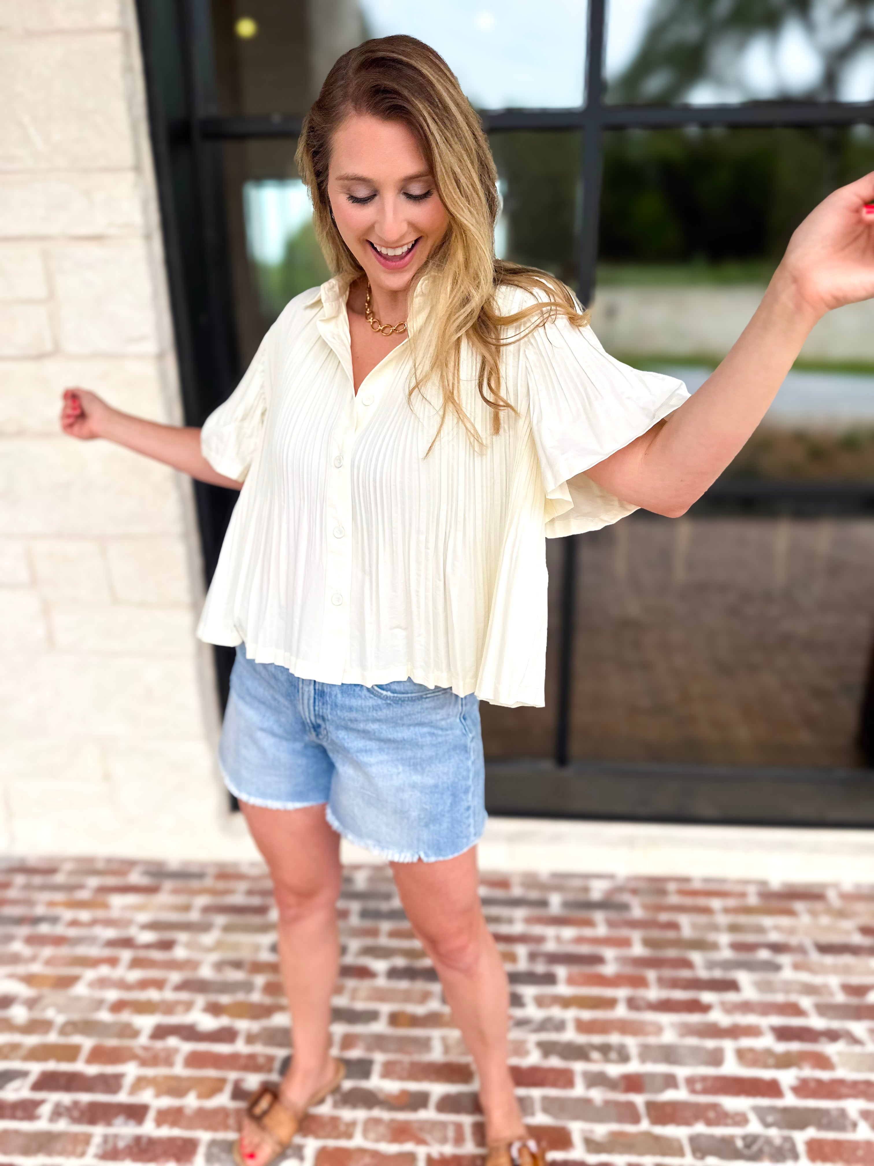Current Air - Pleated Button Down Blouse - Cream-200 Fashion Blouses-CURRENT AIR CLOTHING-July & June Women's Fashion Boutique Located in San Antonio, Texas
