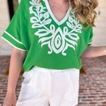 City Strolls Embroidered Blouse - Kelly Green-200 Fashion Blouses-JODIFL-July & June Women's Fashion Boutique Located in San Antonio, Texas