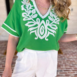 City Strolls Embroidered Blouse - Kelly Green-200 Fashion Blouses-JODIFL-July & June Women's Fashion Boutique Located in San Antonio, Texas