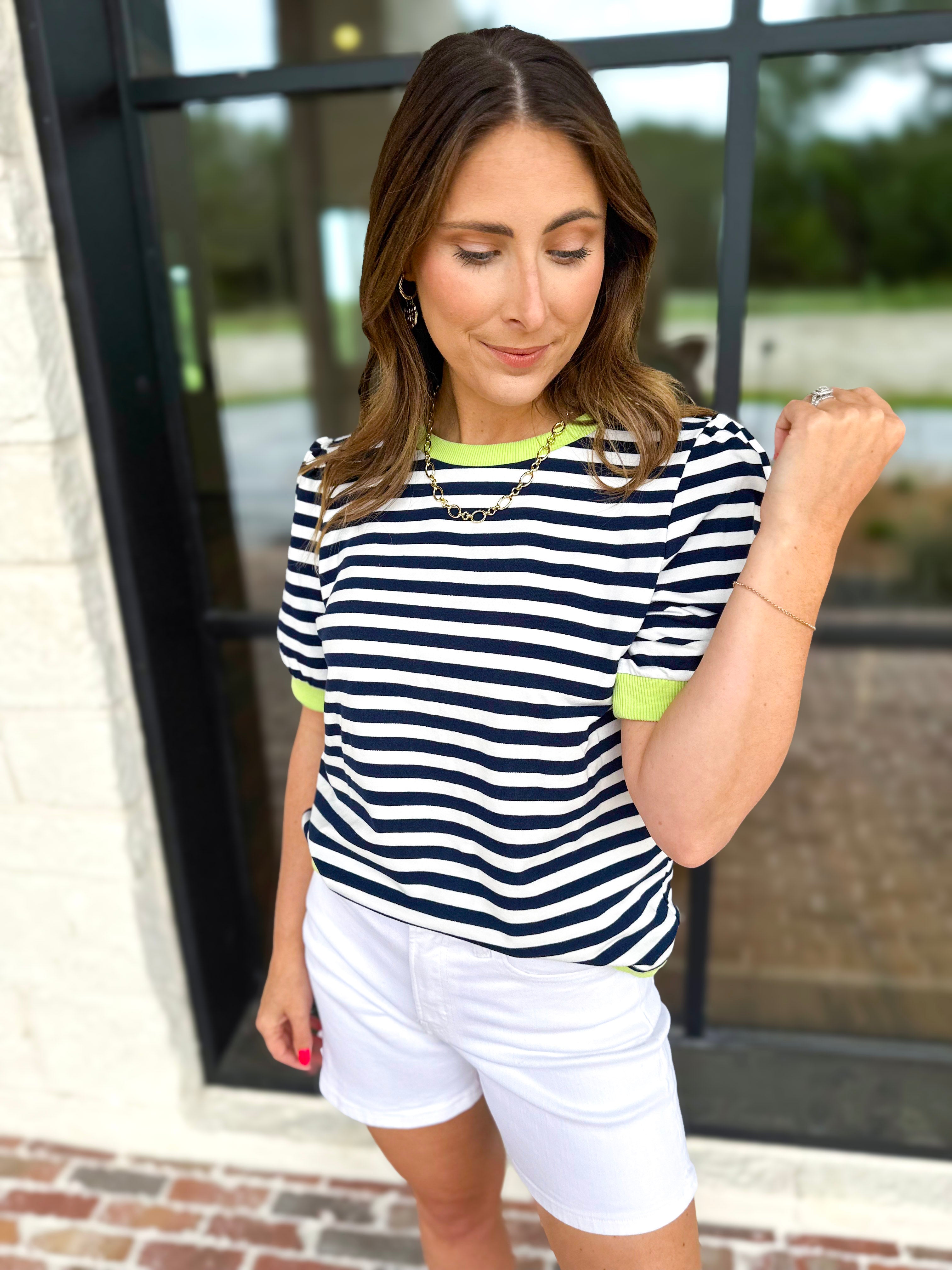 Navy & Lime Stripe Tee-210 Casual Blouses-JODIFL-July & June Women's Fashion Boutique Located in San Antonio, Texas
