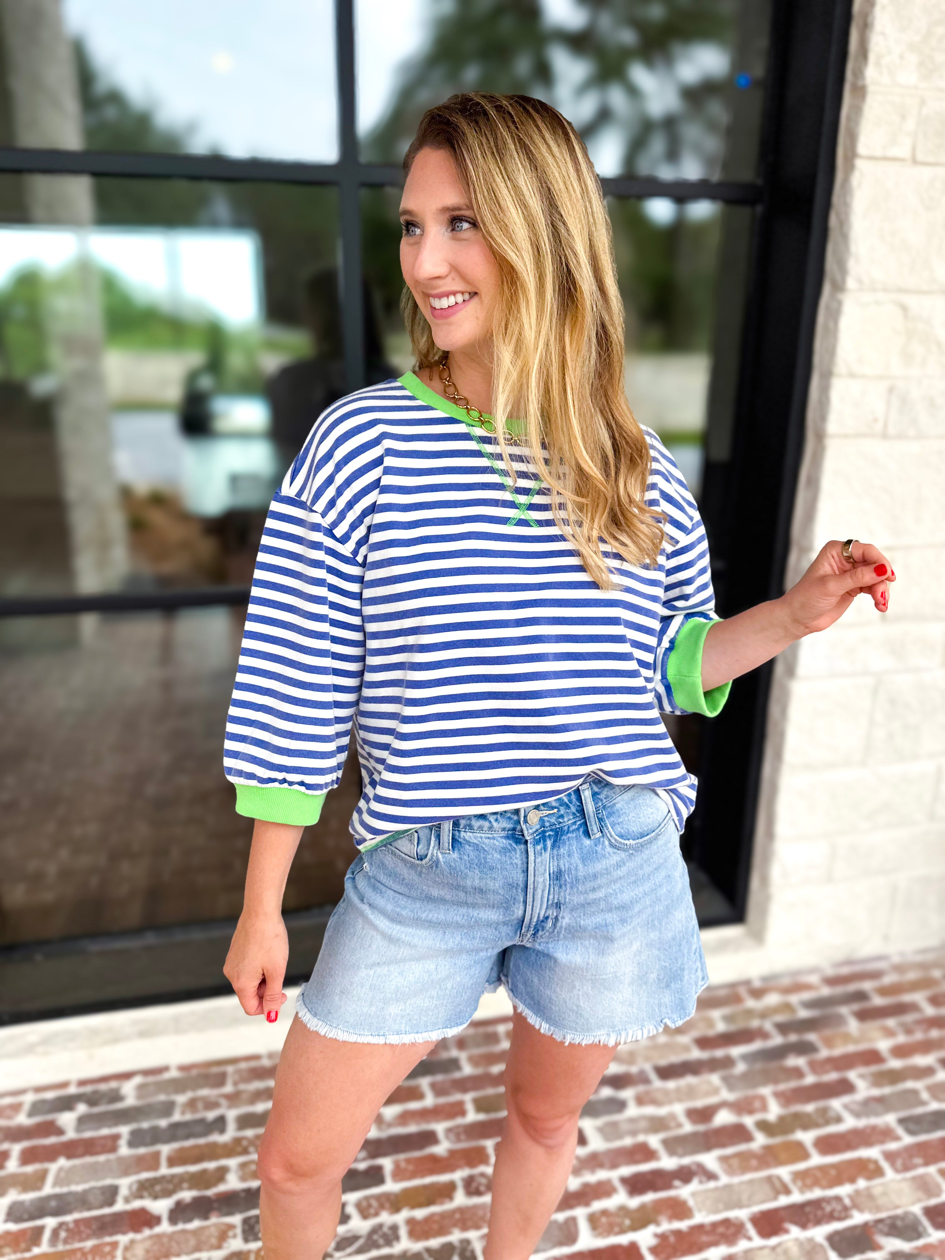 Royal Stripe Tee-210 Casual Blouses-JODIFL-July & June Women's Fashion Boutique Located in San Antonio, Texas