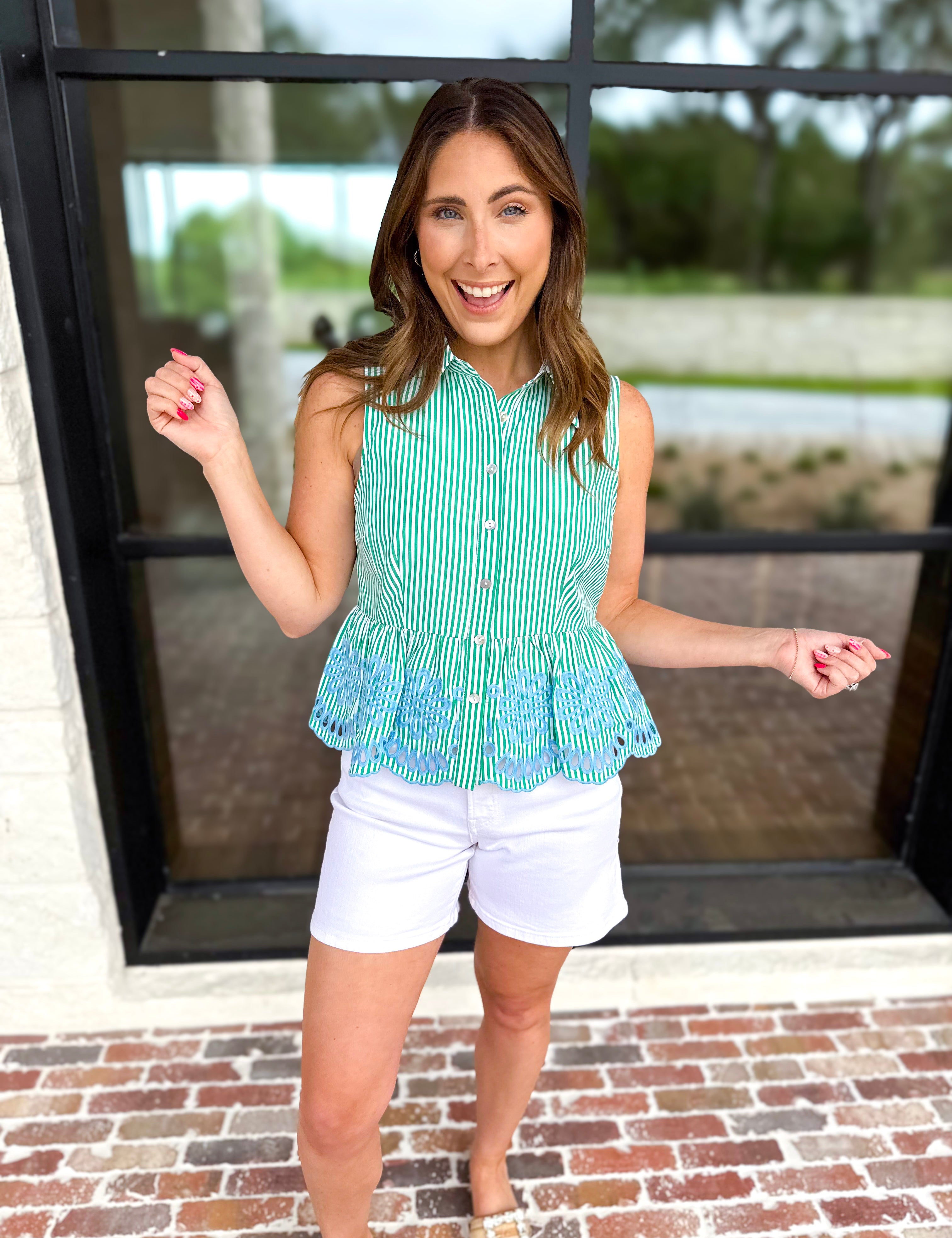 Warm Breeze Stripe & Embroidered Tank - Green-200 Fashion Blouses-ENTRO-July & June Women's Fashion Boutique Located in San Antonio, Texas