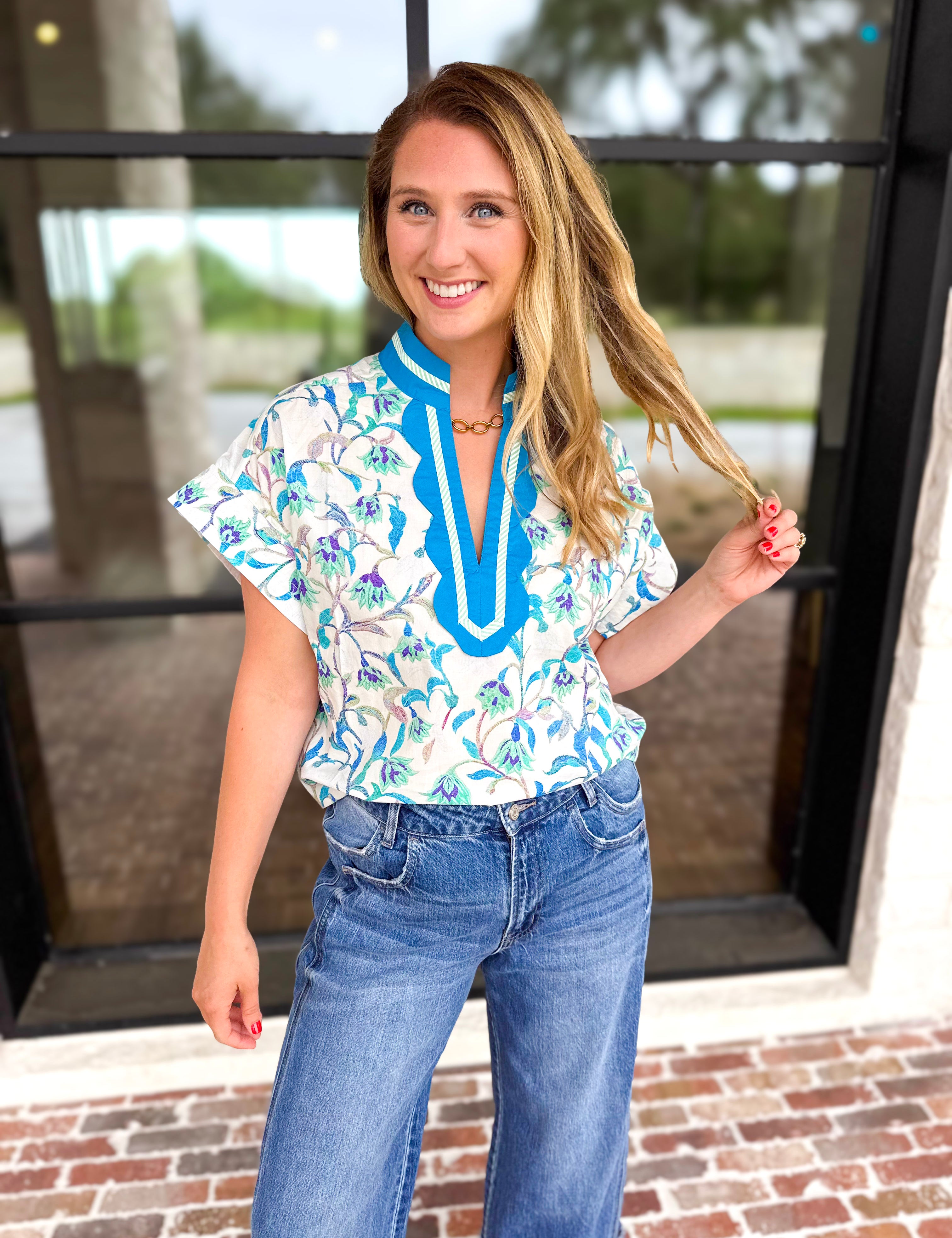 The Maisie Floral Scalloped Blouse - Blue & Ivory-200 Fashion Blouses-ENTRO-July & June Women's Fashion Boutique Located in San Antonio, Texas