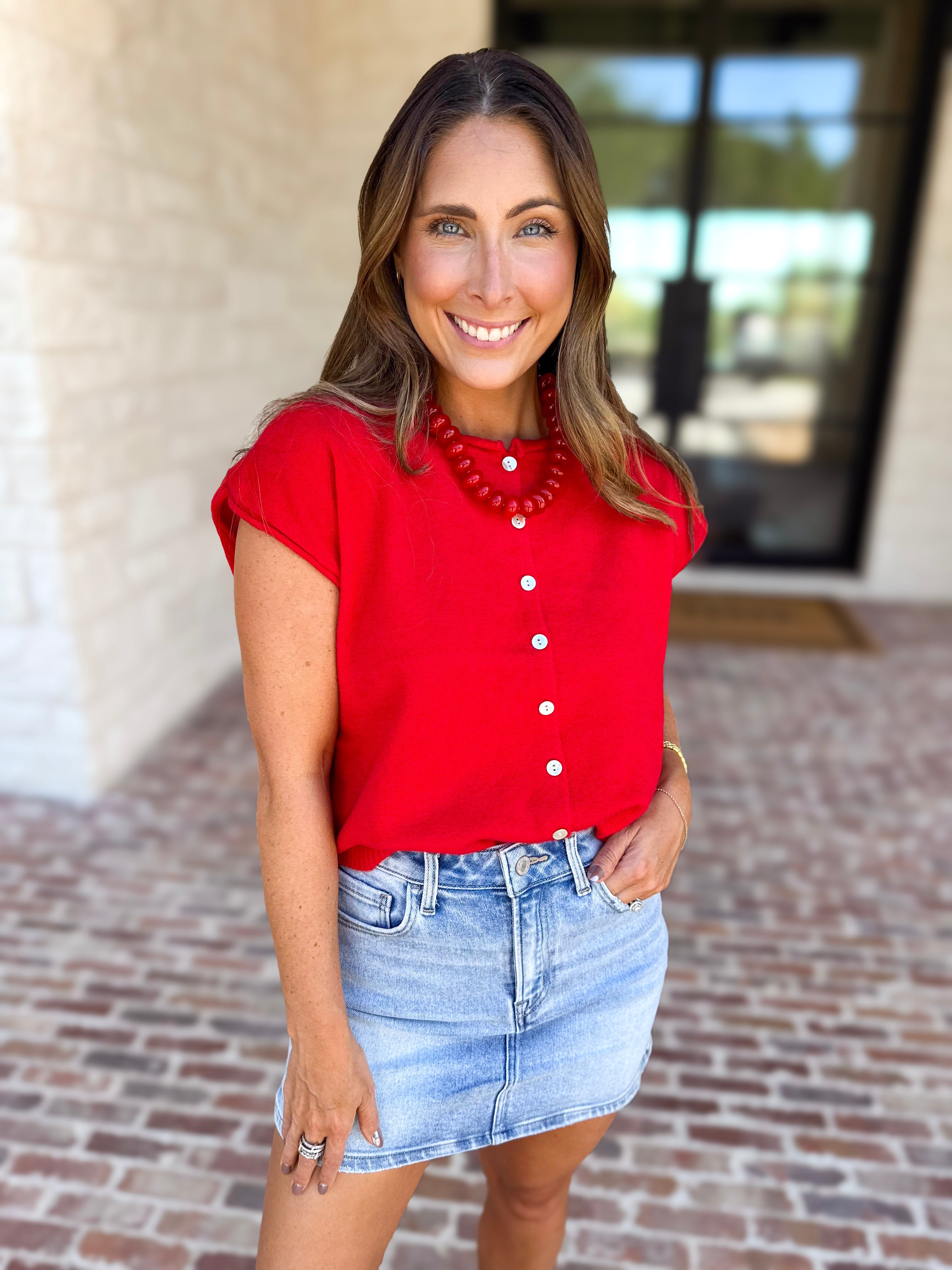 Short Sleeve Everyday Cardigan - Red-230 Sweaters/Cardis-DOUBLE ZERO-July & June Women's Fashion Boutique Located in San Antonio, Texas