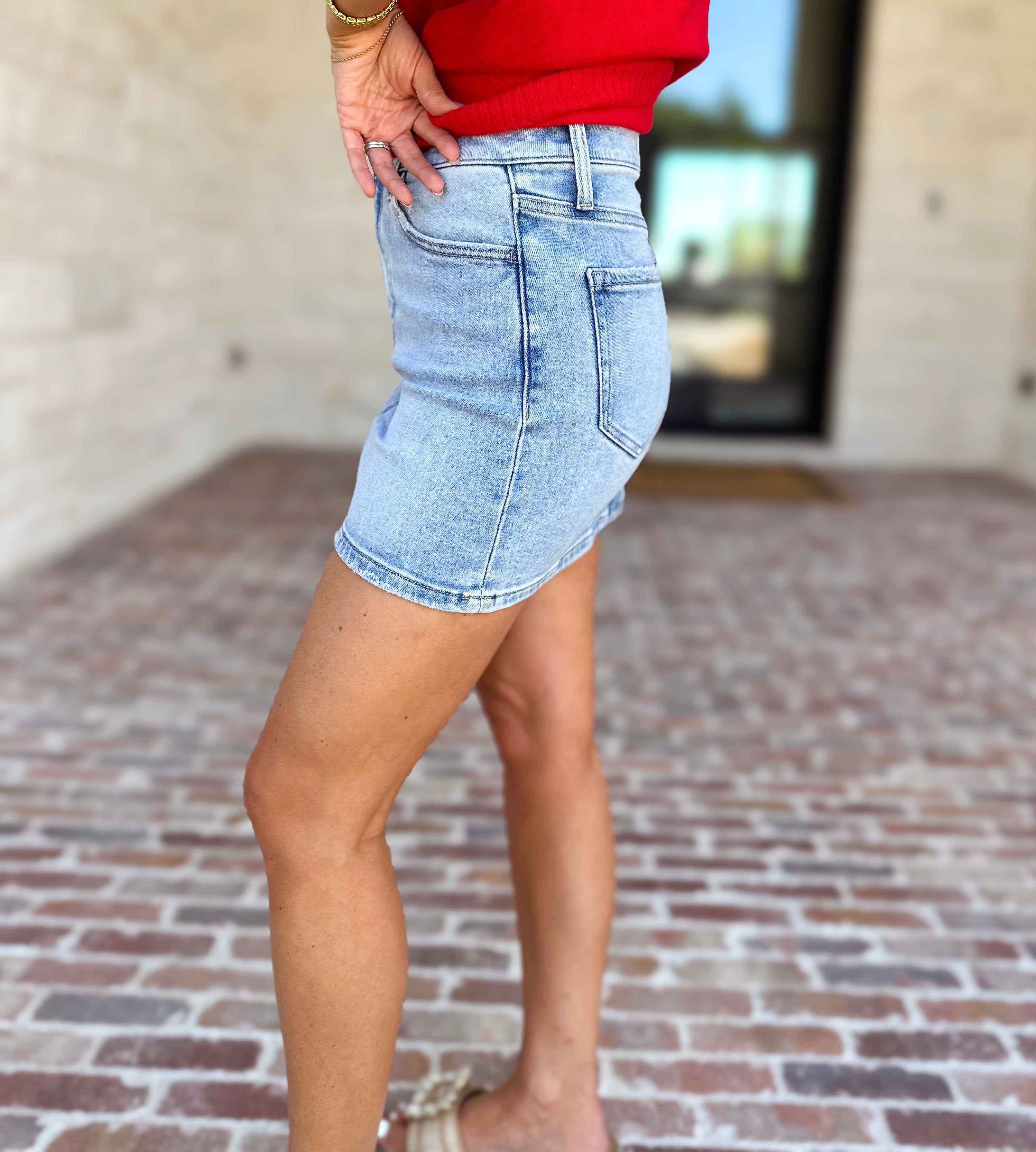 Vervet - High Rise Denim Mini Skirt-410 Shorts/Skirts-VEVERT BY FLYING MONKEY-July & June Women's Fashion Boutique Located in San Antonio, Texas