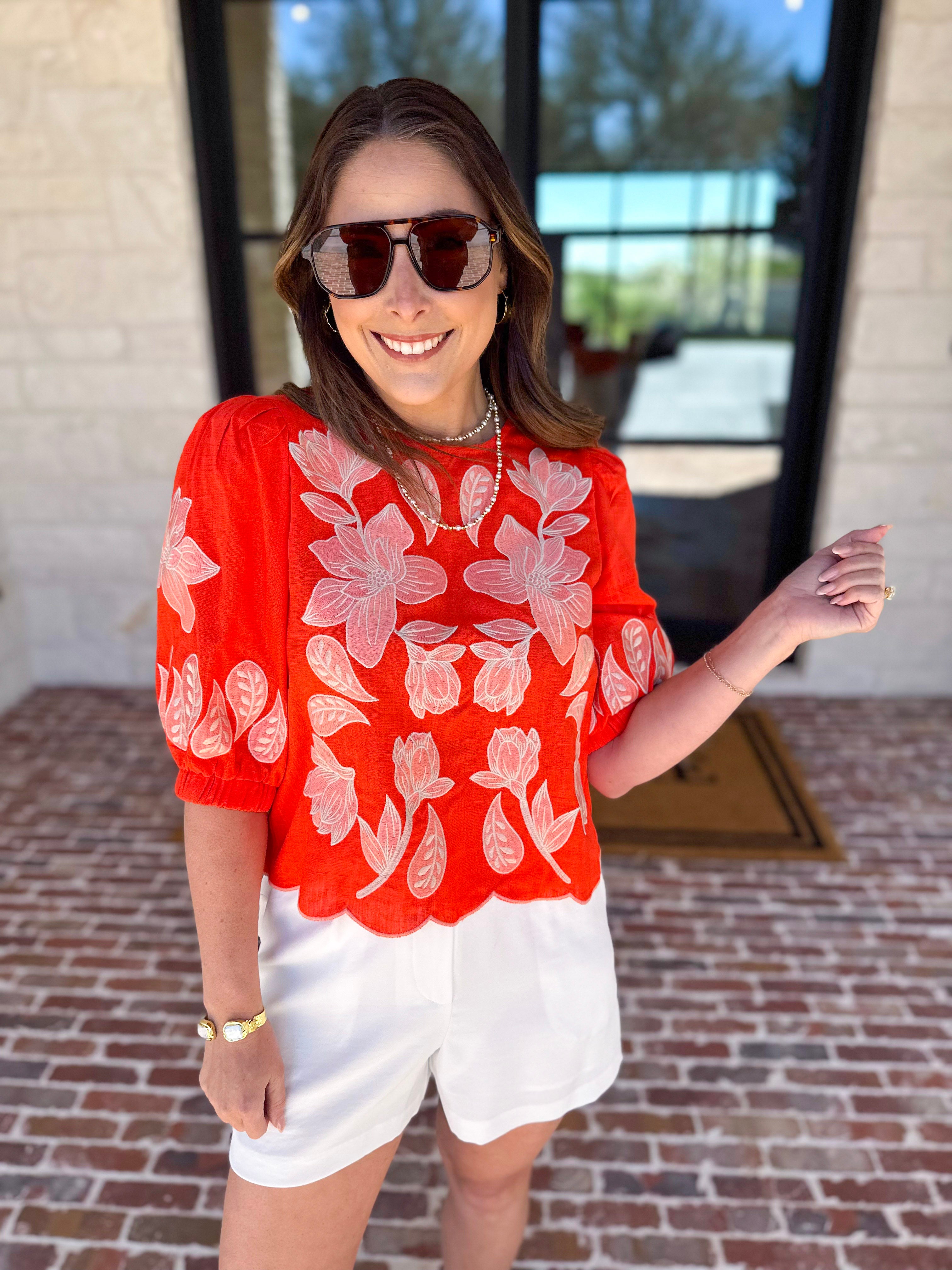 THML - Bold Orange Embroidered Blouse-200 Fashion Blouses-THML-July & June Women's Fashion Boutique Located in San Antonio, Texas