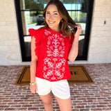 Tomato Red Embroidered Blouse-200 Fashion Blouses-FATE-July & June Women's Fashion Boutique Located in San Antonio, Texas
