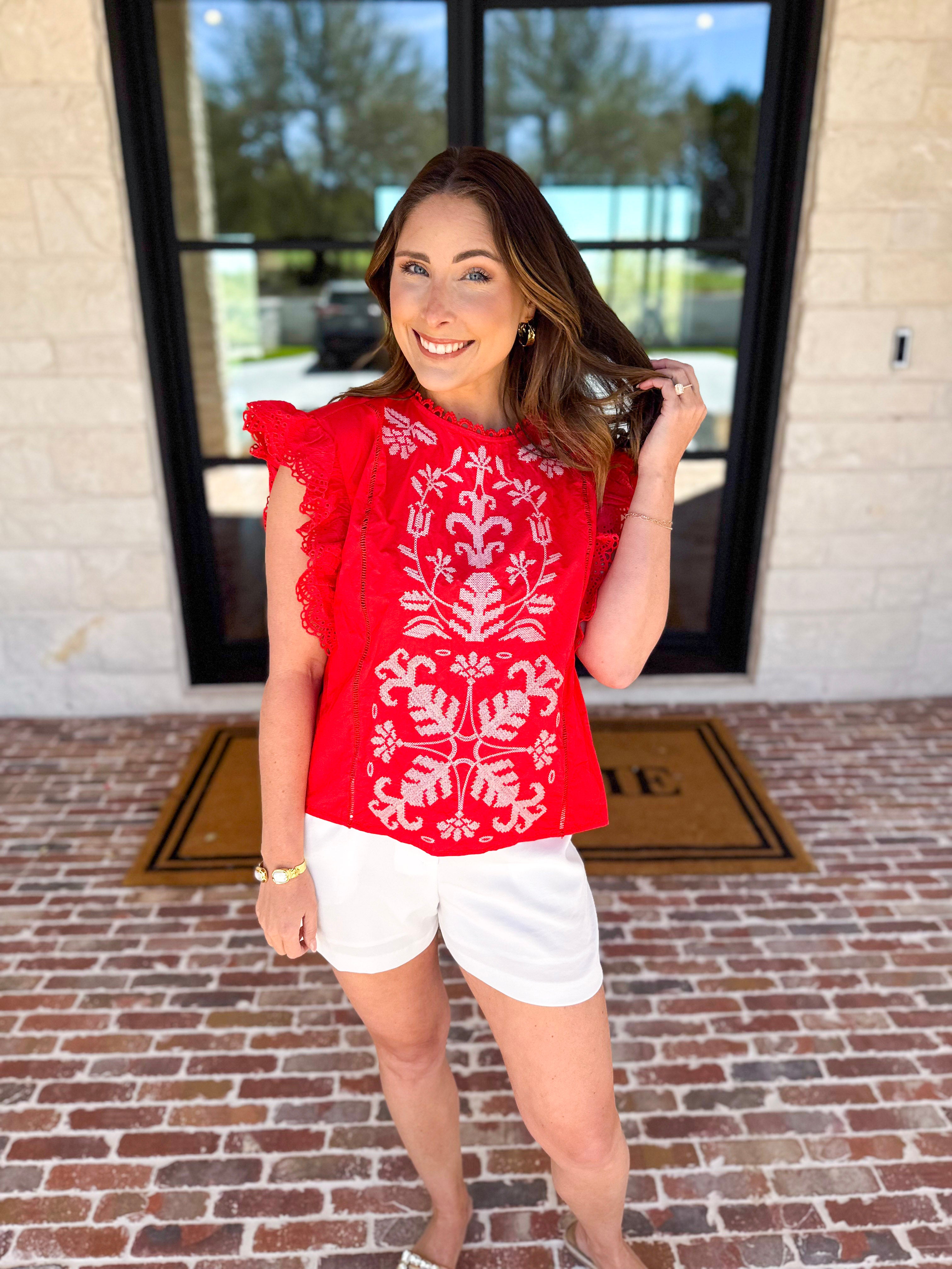 Tomato Red Embroidered Blouse-200 Fashion Blouses-FATE-July & June Women's Fashion Boutique Located in San Antonio, Texas