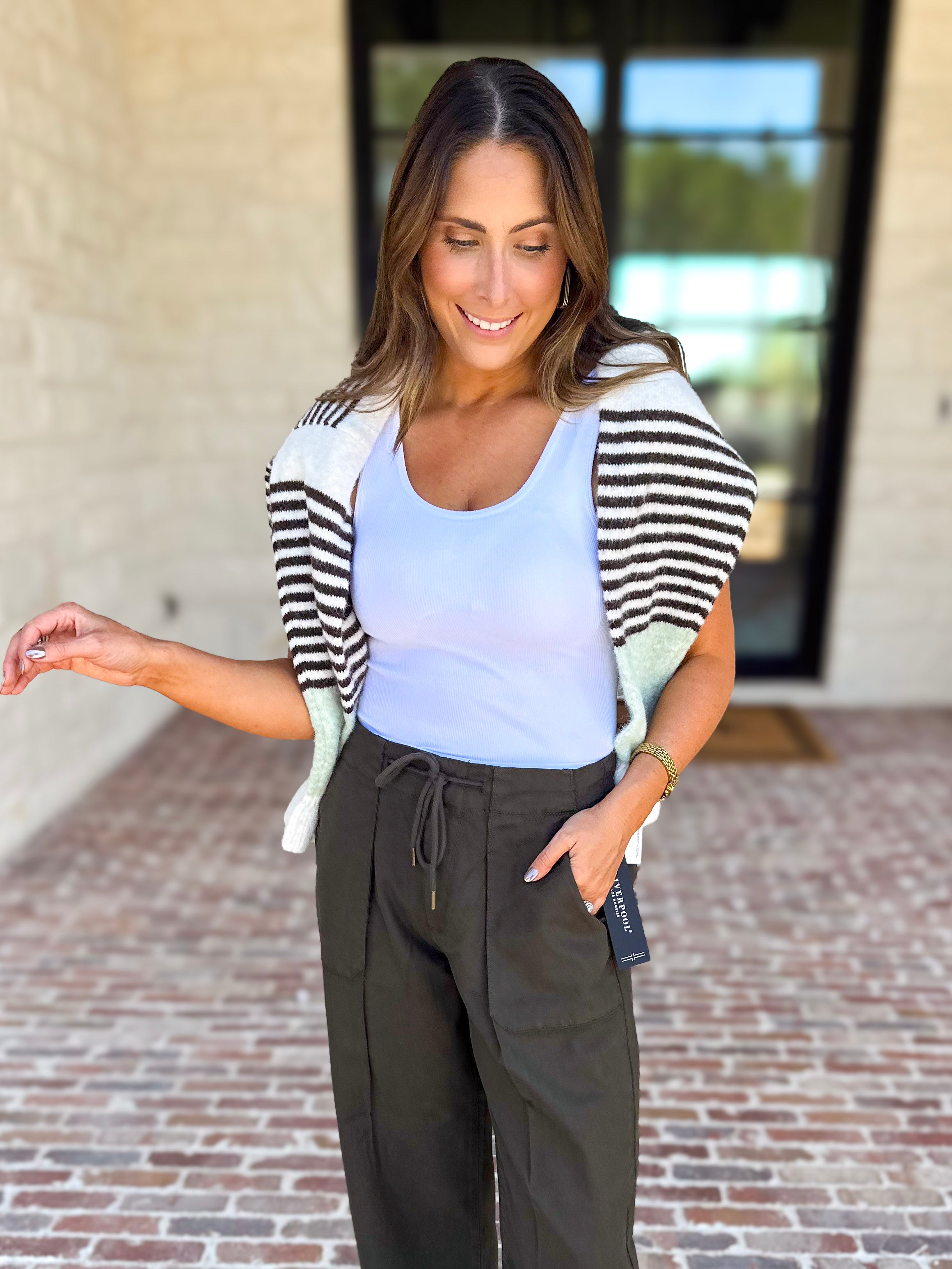 Liverpool - Cropped Olive Green Drawstring Trousers-400 Pants-LIVERPOOL JEANS COMPANY-July & June Women's Fashion Boutique Located in San Antonio, Texas