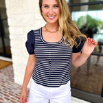 Navy Stripe Knit Tee-200 Fashion Blouses-SKIES ARE BLUE-July & June Women's Fashion Boutique Located in San Antonio, Texas