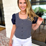 Navy Stripe Knit Tee-200 Fashion Blouses-SKIES ARE BLUE-July & June Women's Fashion Boutique Located in San Antonio, Texas