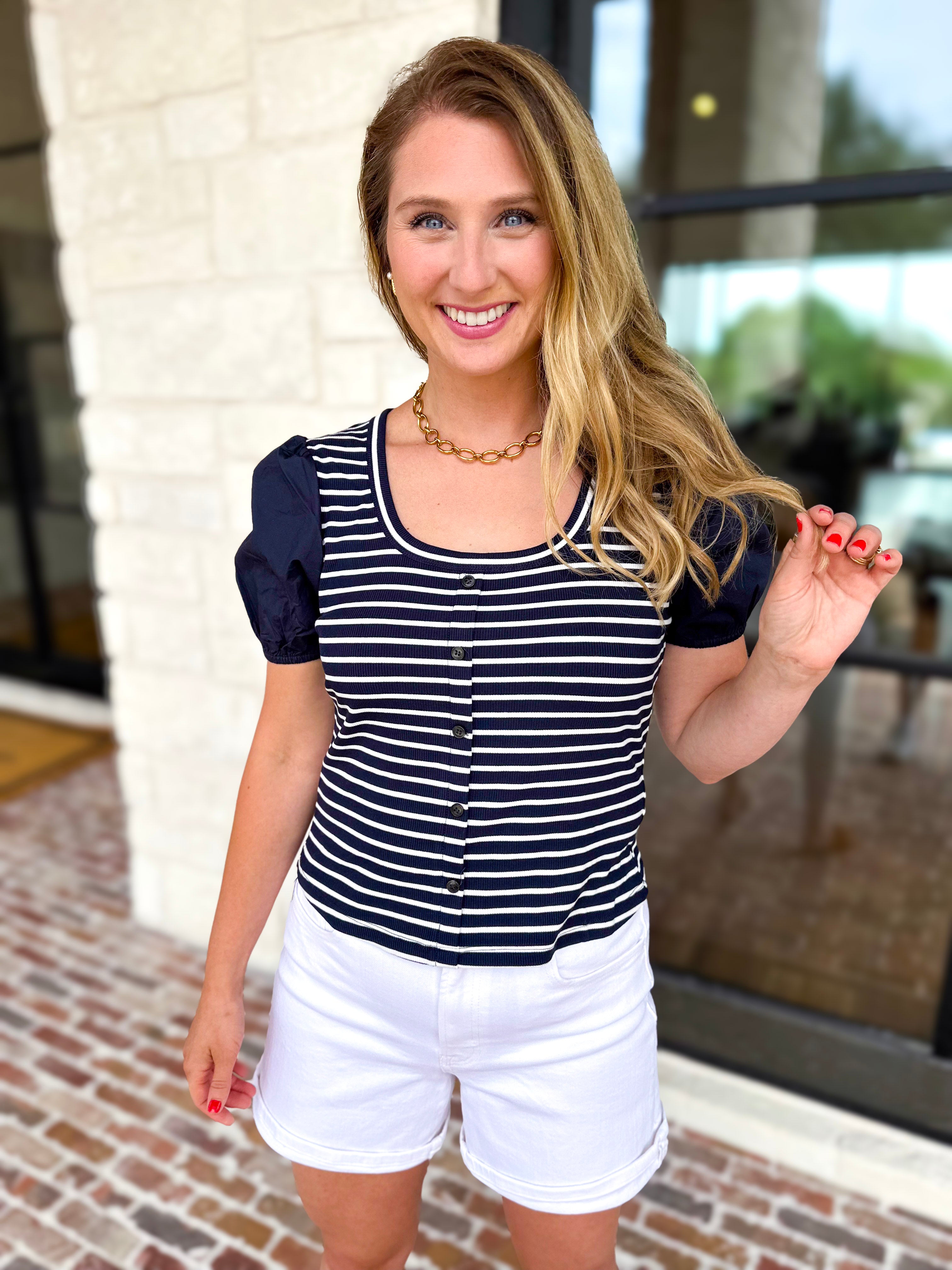 Navy Stripe Knit Tee-200 Fashion Blouses-SKIES ARE BLUE-July & June Women's Fashion Boutique Located in San Antonio, Texas