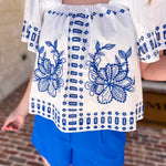 Tropical Blue Embroidered Blouse-200 Fashion Blouses-FATE-July & June Women's Fashion Boutique Located in San Antonio, Texas