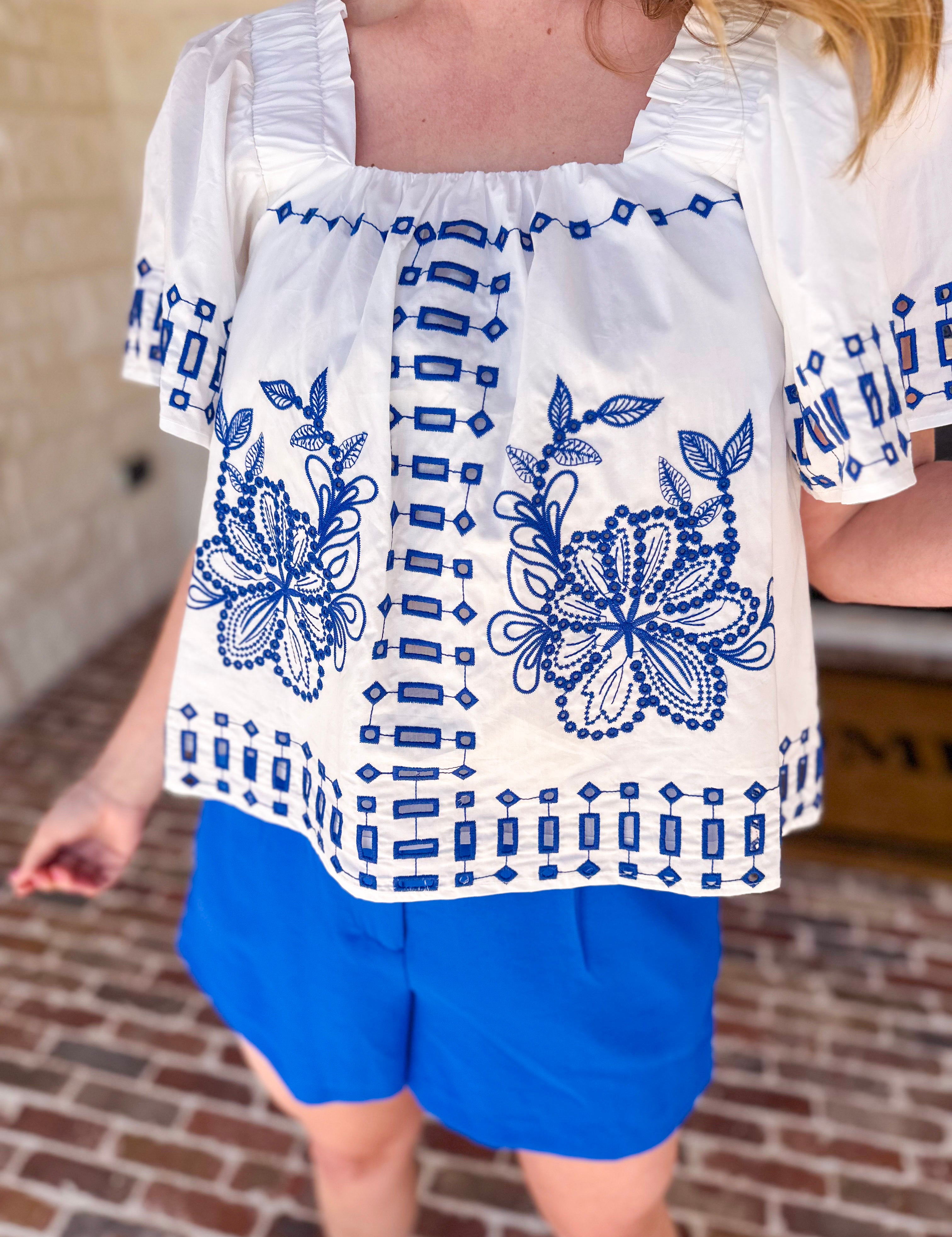 Tropical Blue Embroidered Blouse-200 Fashion Blouses-FATE-July & June Women's Fashion Boutique Located in San Antonio, Texas