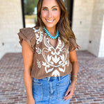 THML - Nutmeg Embroidered Flutter Sleeve Blouse-200 Fashion Blouses-THML-July & June Women's Fashion Boutique Located in San Antonio, Texas