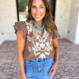 THML - Nutmeg Embroidered Flutter Sleeve Blouse-200 Fashion Blouses-THML-July & June Women's Fashion Boutique Located in San Antonio, Texas