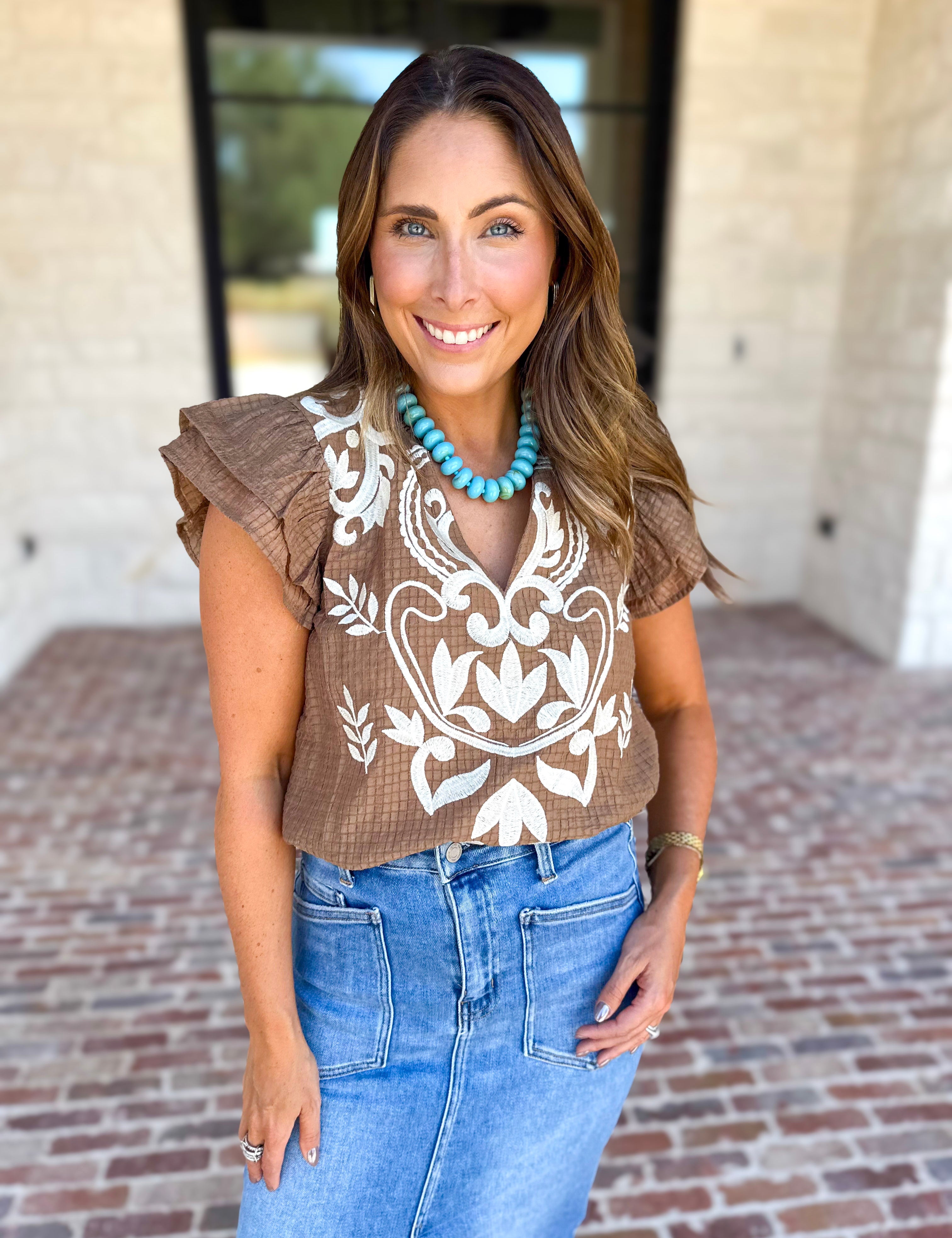 THML - Nutmeg Embroidered Flutter Sleeve Blouse-200 Fashion Blouses-THML-July & June Women's Fashion Boutique Located in San Antonio, Texas