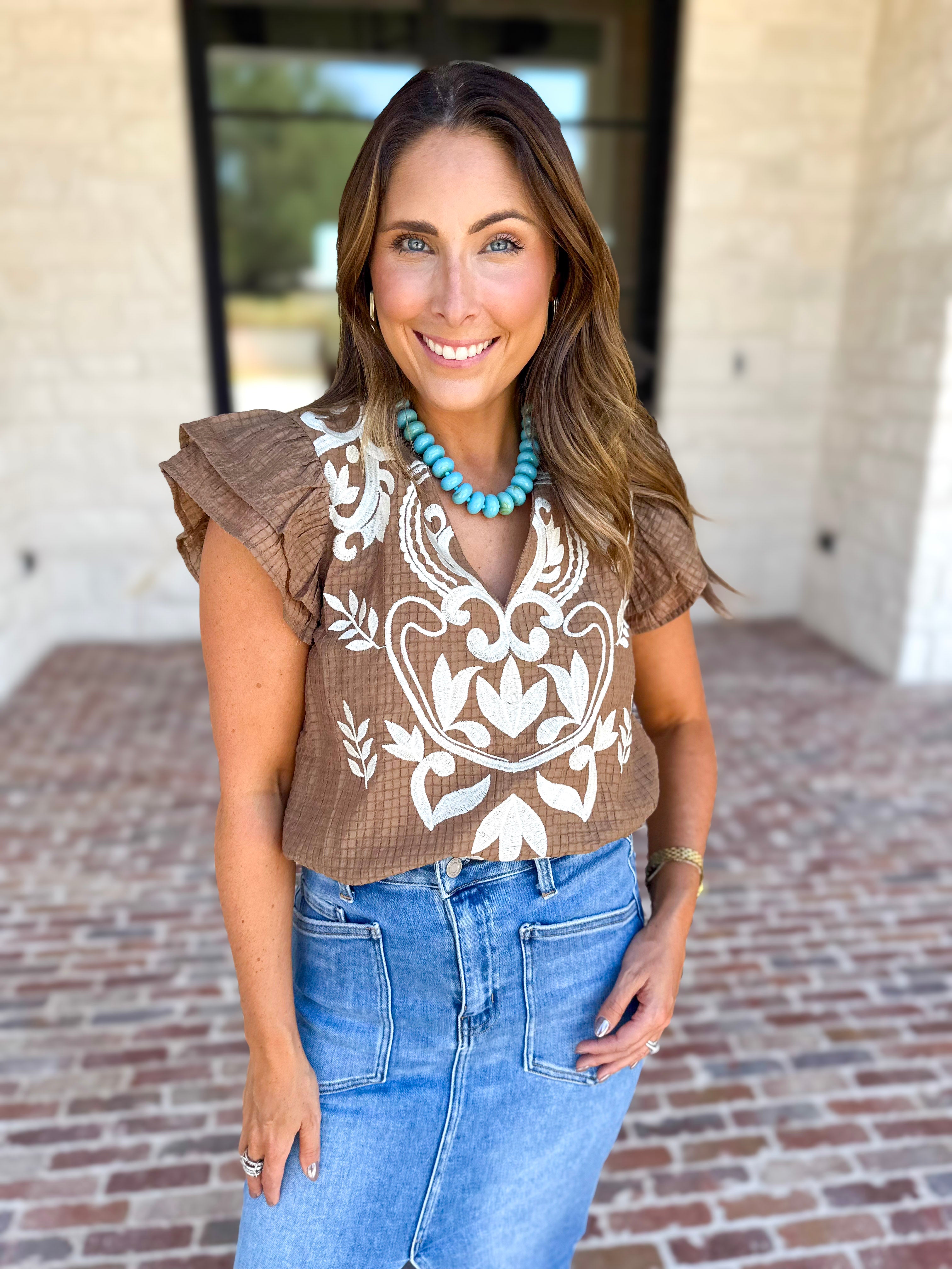 THML - Nutmeg Embroidered Flutter Sleeve Blouse-200 Fashion Blouses-THML-July & June Women's Fashion Boutique Located in San Antonio, Texas